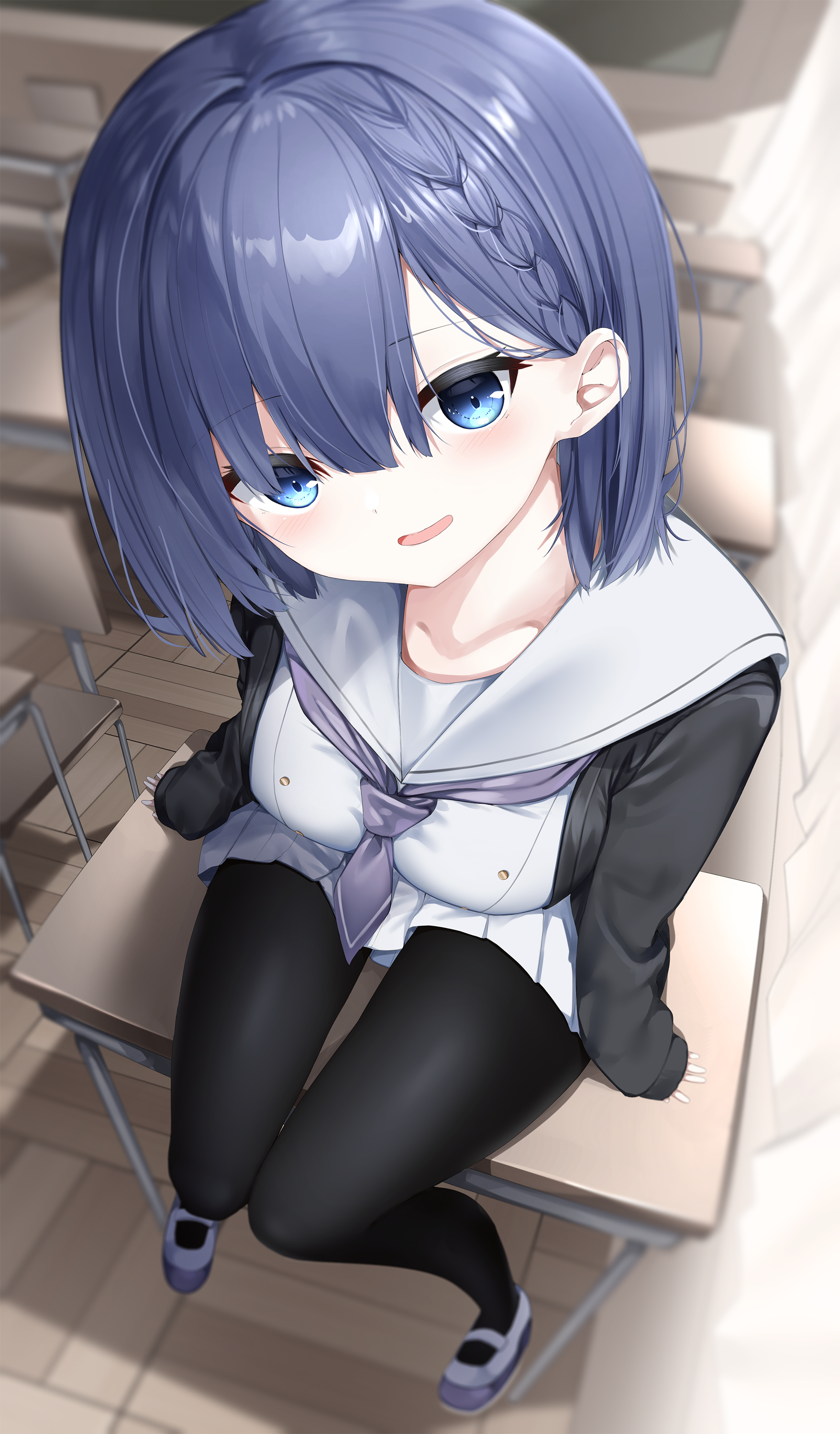 neku (neku draw), original, absurdres, highres, 1girl, black jacket, black pantyhose, blue eyes, blue hair, braid, breasts, chair, collarbone, desk, hair between eyes, jacket, medium breasts, on desk, open clothes, open jacket, pantyhose, parted lips, pleated skirt, sailor collar, school chair, school desk, school uniform, serafuku, shirt, shoes, sitting, skirt, smile, solo, white sailor collar, white serafuku, white shirt, white shoes, white skirt, wooden floor