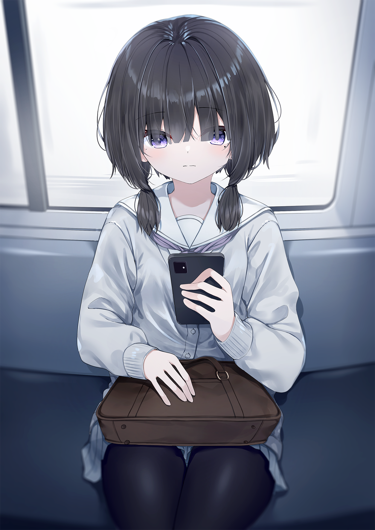 neku (neku draw), original, highres, 1girl, bag, black hair, black pantyhose, cardigan, cellphone, closed mouth, grey cardigan, grey skirt, hair over eyes, hair over shoulder, holding, holding phone, long hair, long sleeves, low twintails, pantyhose, phone, pleated skirt, puffy long sleeves, puffy sleeves, purple eyes, sailor collar, school bag, school uniform, serafuku, skirt, sleeves past wrists, solo, train interior, twintails, white sailor collar