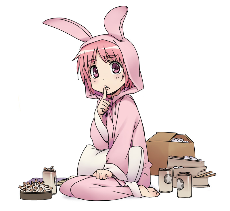 kizaki, tsukuyomi komoe, toaru majutsu no index, 00s, 1girl, :<, animal ears, ashtray, barefoot, can, child, cigarette, fake animal ears, female focus, finger to mouth, hood, hoodie, pajamas, pink eyes, pink hair, rabbit ears, short hair, shushing, simple background, sitting, solo, white background