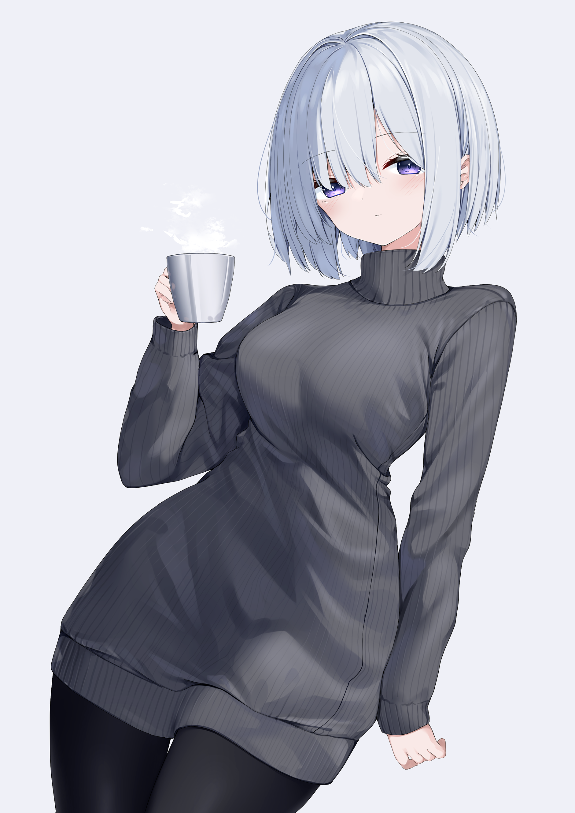 neku (neku draw), original, absurdres, highres, 1girl, black pantyhose, blush, breasts, closed mouth, cup, grey background, grey hair, grey sweater, hair between eyes, hand up, holding, holding cup, long sleeves, looking at viewer, medium breasts, pantyhose, purple eyes, ribbed sweater, short hair, simple background, solo, steam, sweater, turtleneck, turtleneck sweater