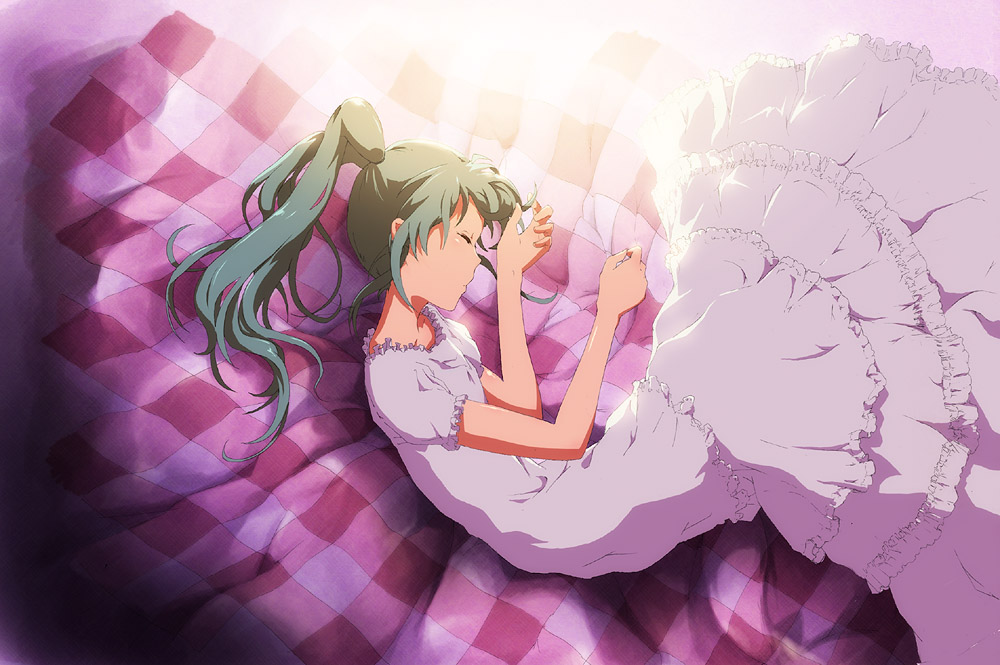 shiika sadamasa, hatsune miku, vocaloid, world is mine (vocaloid), bad id, bad pixiv id, 1girl, dress, female focus, lying, on side, sleeping, solo, twintails