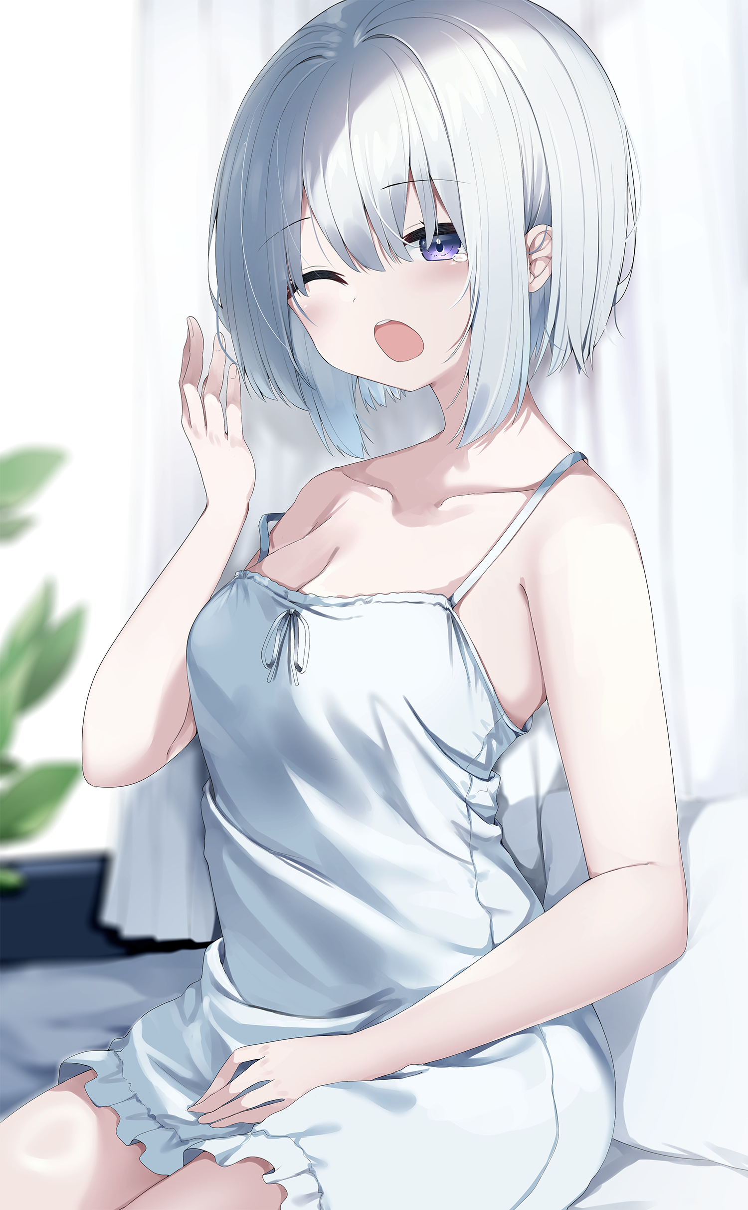 neku (neku draw), original, absurdres, highres, 1girl, bare arms, bare shoulders, blurry, blurry background, blush, breasts, cleavage, curtains, day, depth of field, dress, grey hair, hair between eyes, hand up, indoors, medium breasts, one eye closed, open mouth, pillow, purple eyes, sitting, sleeveless, sleeveless dress, solo, sunlight, tears, white dress, window, yawning