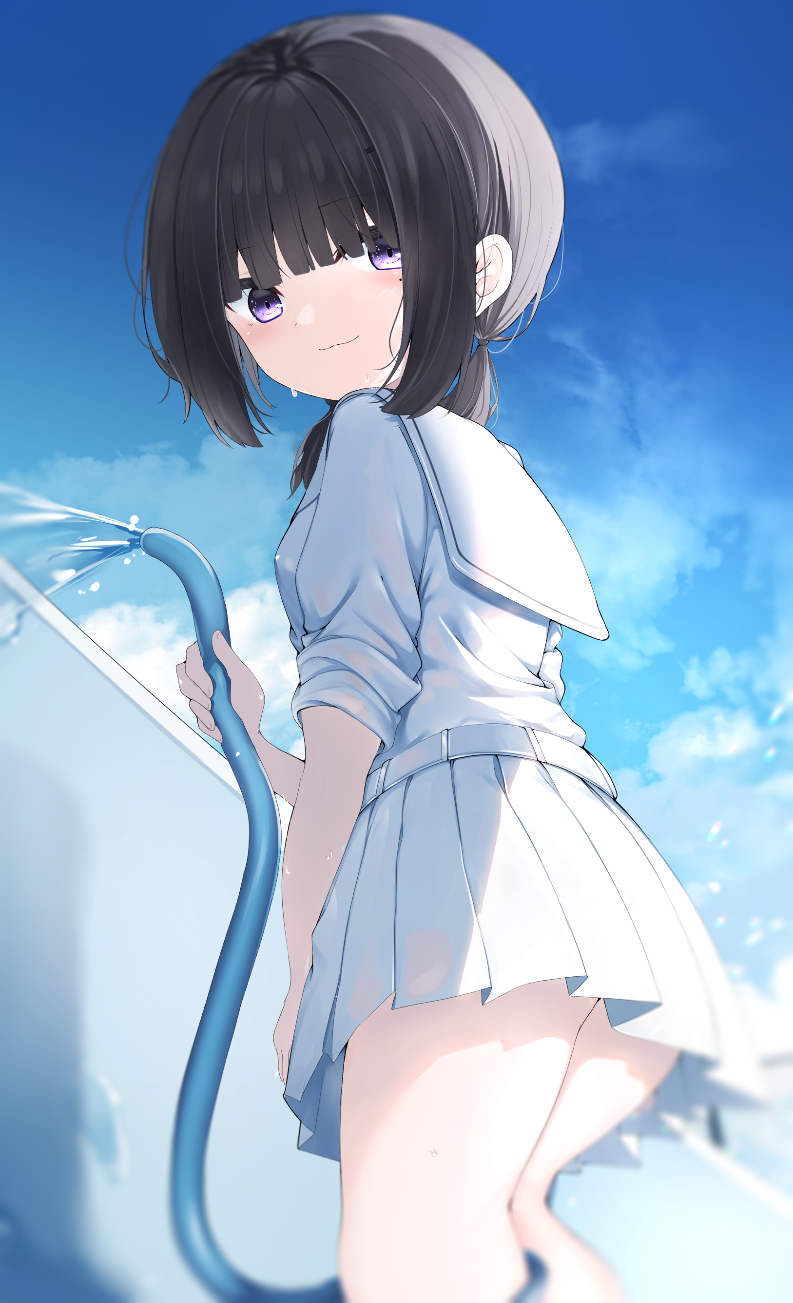 neku (neku draw), original, absurdres, highres, 1girl, black hair, blue sky, closed mouth, cloud, day, from side, hair over shoulder, holding, hose, long hair, looking at viewer, looking to the side, outdoors, pleated skirt, purple eyes, sailor collar, school uniform, serafuku, shirt, skirt, sky, solo, water, white sailor collar, white serafuku, white shirt, white skirt
