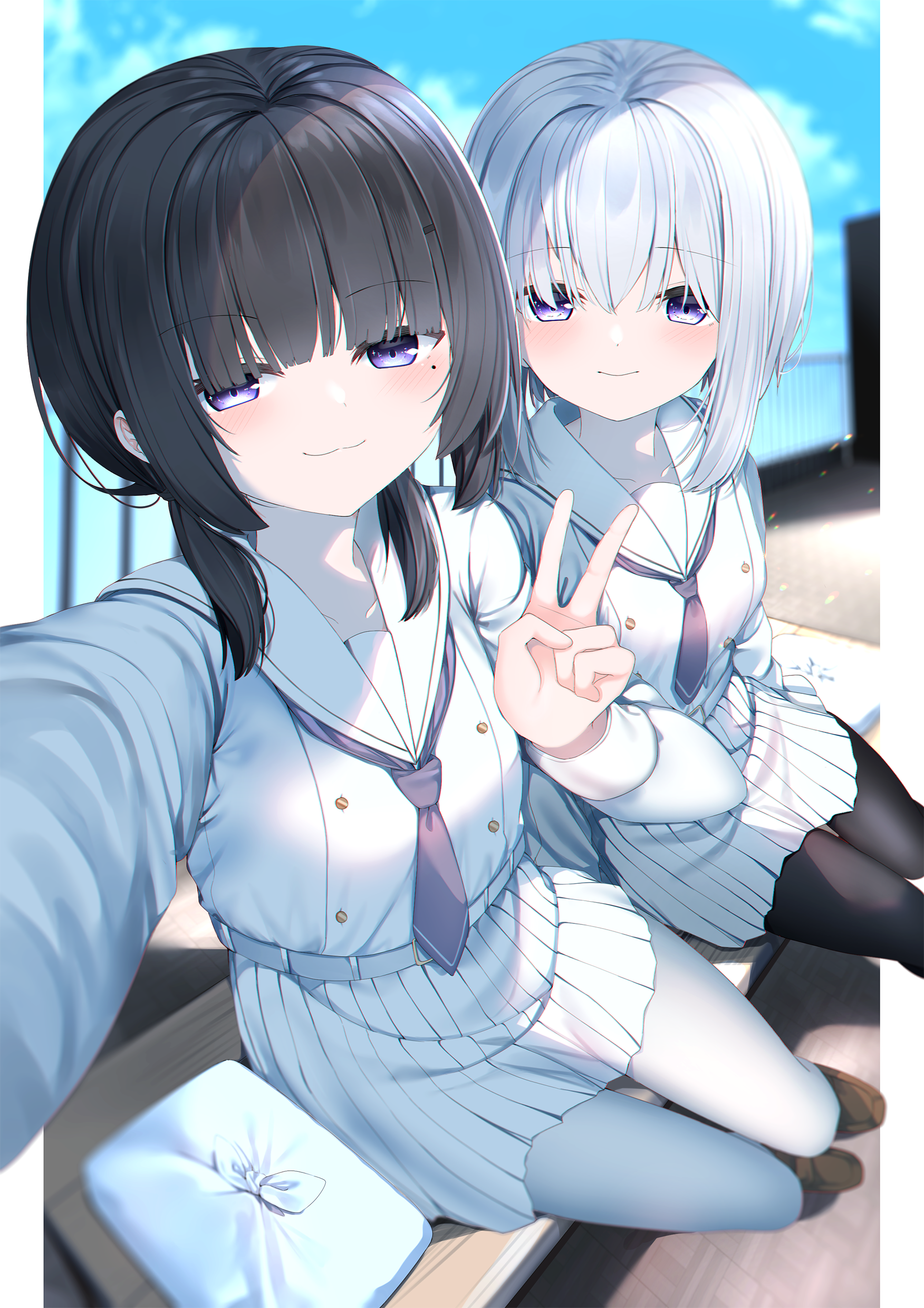 neku (neku draw), original, absurdres, highres, 2girls, black hair, black pantyhose, blue sky, blush, border, brown shoes, closed mouth, cloud, day, grey hair, hair over eyes, loafers, mole, mole under eye, multiple girls, neckerchief, outside border, pantyhose, pleated skirt, purple eyes, purple neckerchief, reaching, reaching towards viewer, sailor collar, school uniform, selfie, serafuku, shirt, shoes, skirt, sky, smile, v, white border, white pantyhose, white sailor collar, white serafuku, white shirt, white skirt, wrapped bento