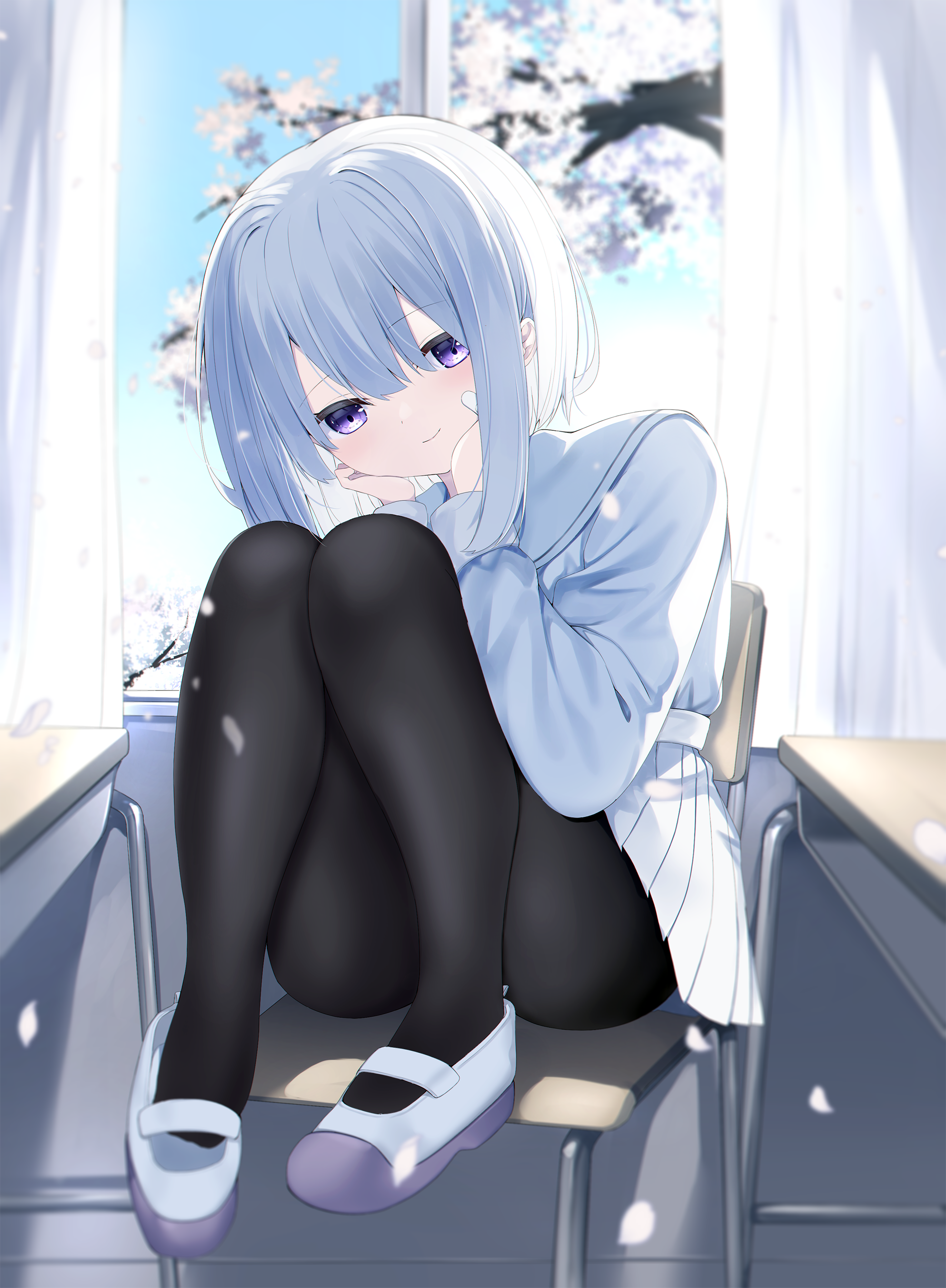 neku (neku draw), original, absurdres, highres, 1girl, bandaid, bandaid on cheek, bandaid on face, black pantyhose, blue sky, blush, branch, chair, closed mouth, convenient leg, curtains, day, desk, flower, grey hair, hair between eyes, hands on own face, hands up, indoors, knees up, on chair, pantyhose, pleated skirt, purple eyes, sailor collar, school chair, school desk, school uniform, serafuku, shirt, shoes, sitting, skirt, sky, smile, solo, white flower, white sailor collar, white serafuku, white shirt, white shoes, white skirt, window