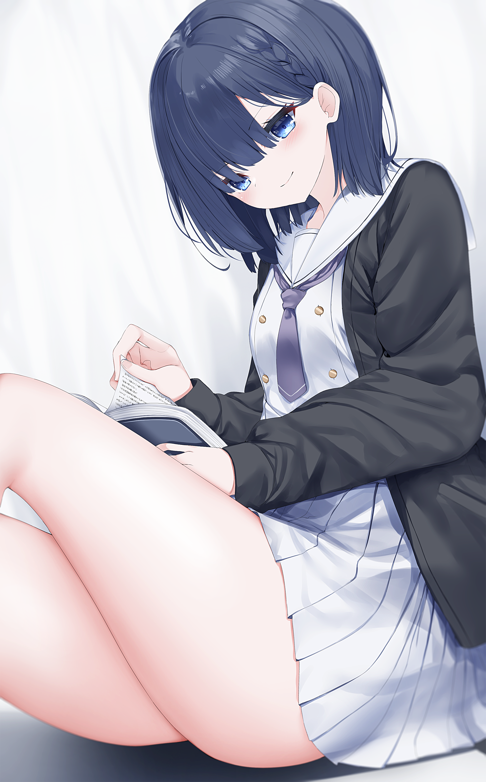 neku (neku draw), original, absurdres, highres, 1girl, black jacket, blue eyes, blue hair, book, braid, closed mouth, curtains, feet out of frame, holding, holding book, jacket, neckerchief, open book, open clothes, open jacket, pleated skirt, purple neckerchief, sailor collar, school uniform, serafuku, shirt, skirt, smile, solo, white sailor collar, white serafuku, white shirt, white skirt