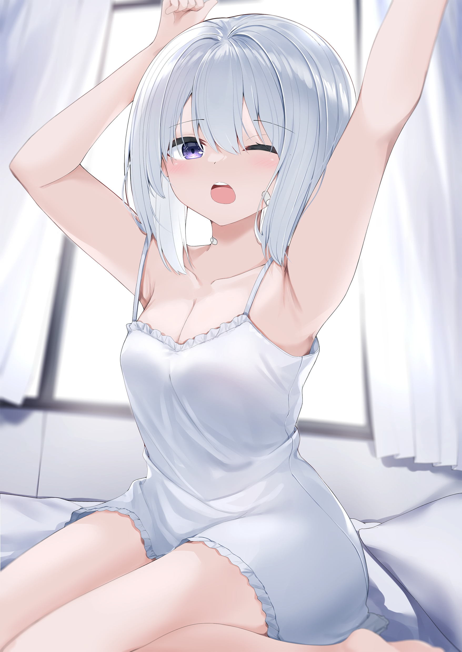 neku (neku draw), original, absurdres, highres, 1girl, armpits, arms up, bandaid, bandaid on cheek, bandaid on face, bare arms, bare shoulders, barefoot, bed sheet, breasts, cleavage, collarbone, curtains, day, dress, frilled dress, frills, grey hair, hair between eyes, indoors, looking at viewer, medium breasts, one eye closed, open mouth, pillow, purple eyes, sleeveless, sleeveless dress, solo, stretching, sunlight, white dress, window, yawning