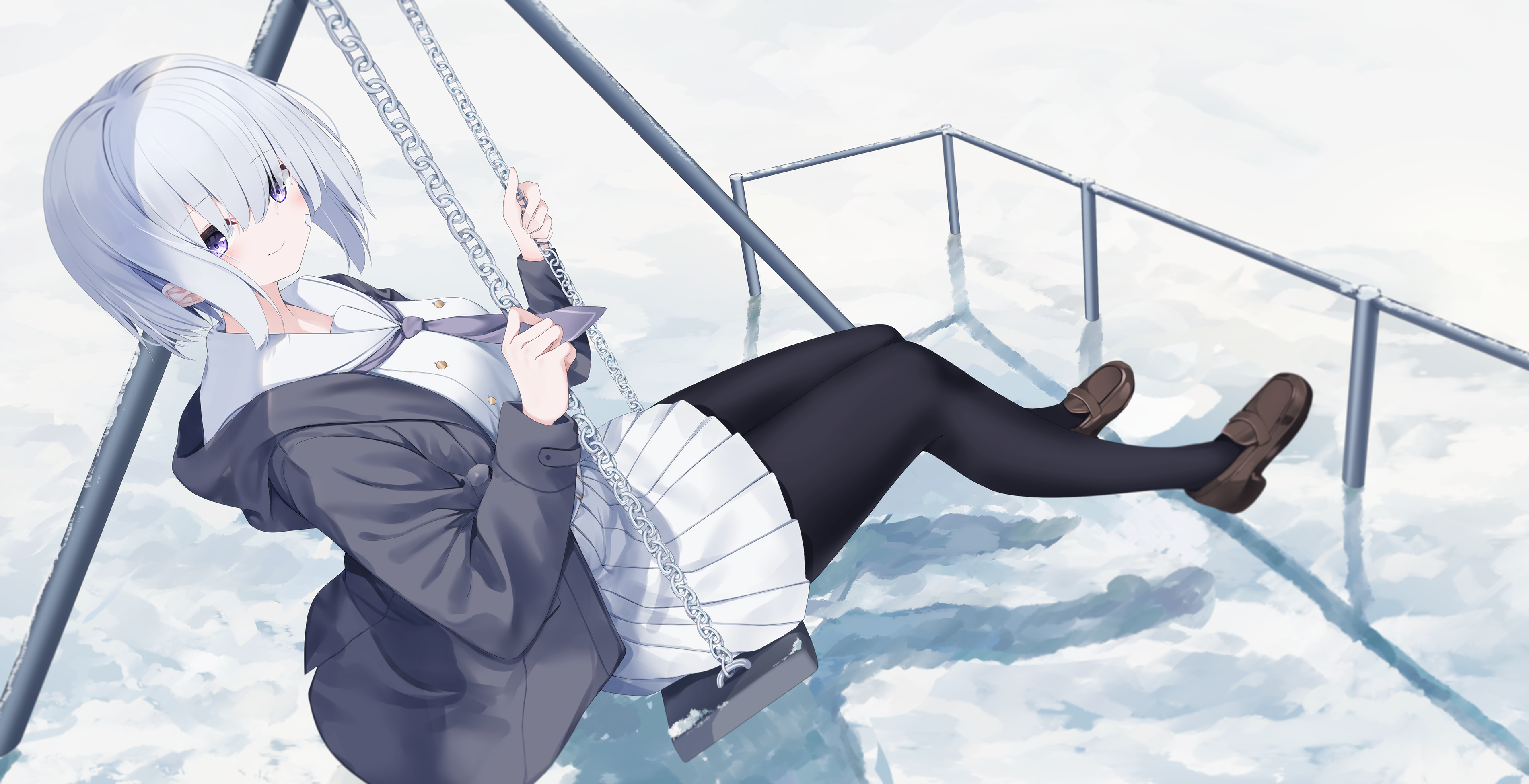 neku (neku draw), original, absurdres, highres, 1girl, black pantyhose, brown shoes, closed mouth, grey hair, grey jacket, hair between eyes, hands up, jacket, loafers, long sleeves, looking at viewer, looking to the side, neckerchief, open clothes, open jacket, pantyhose, pleated skirt, purple eyes, purple neckerchief, sailor collar, school uniform, serafuku, shirt, shoes, sitting, skirt, smile, snow, solo, swing, white sailor collar, white serafuku, white shirt, white skirt