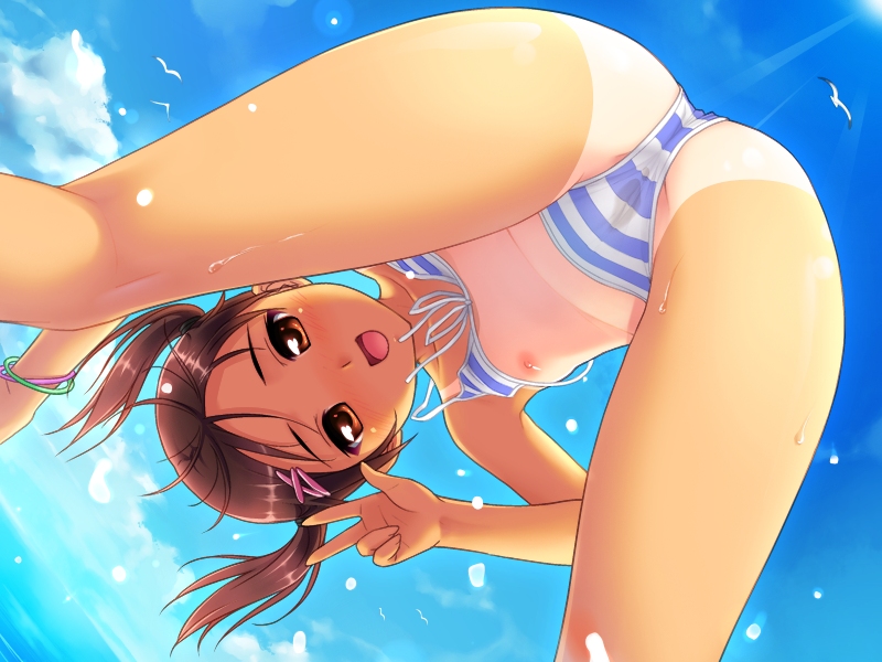 nonohara miki, kurayama aya, meishoujo, tanuki-soft, 1girl, ass, bikini, blush, cameltoe, female focus, flat chest, loli, ocean, peeing, peeing self, pussy juice, pussy juice stain, sky, smile, solo, string bikini, striped bikini, striped clothes, swimsuit, tan, tanline, wet
