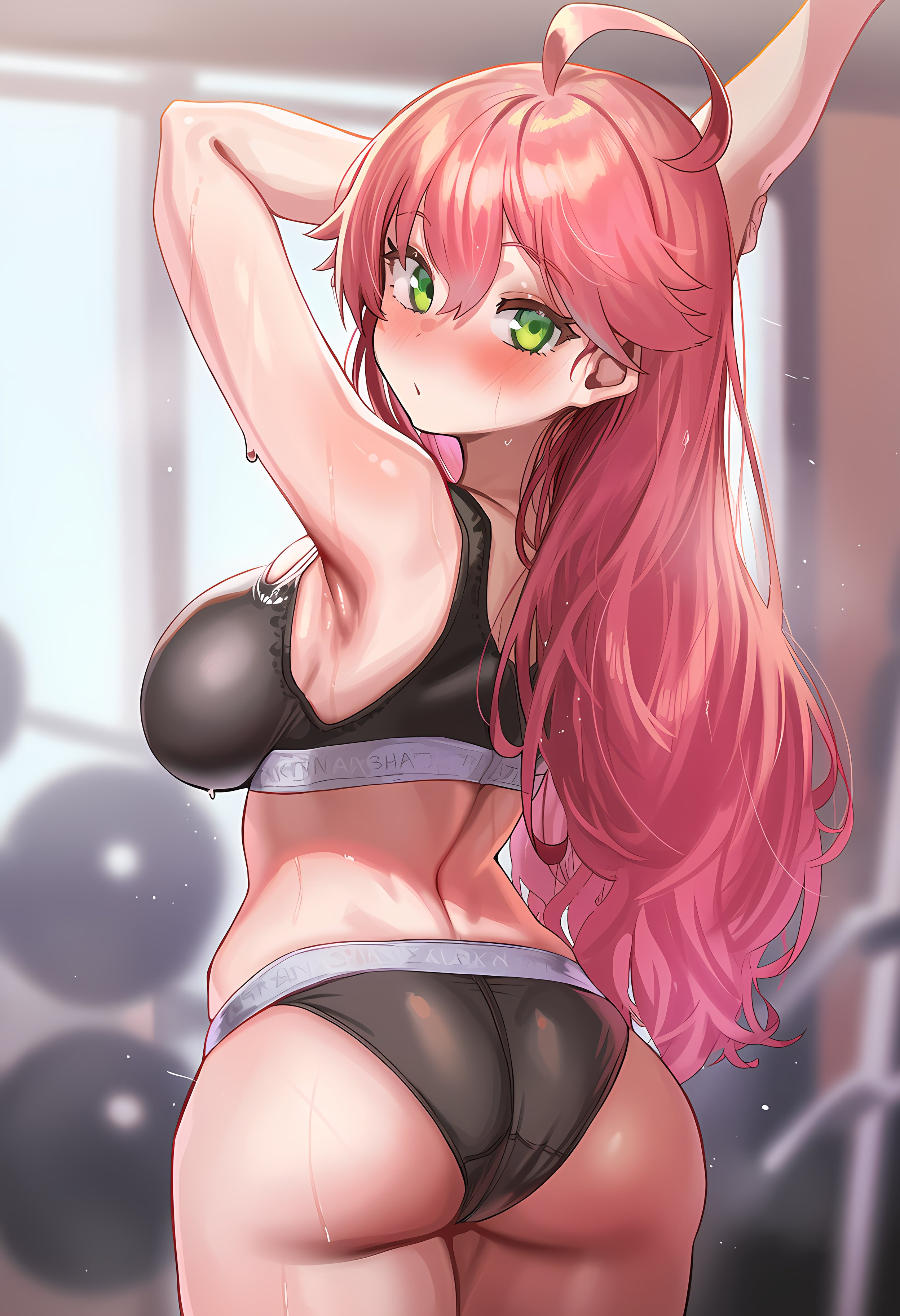 hachimedes, sakura miko, calvin klein, hololive, 1girl, ahoge, alternate costume, arm up, armpits, ass, blurry, blurry background, blush, green eyes, long hair, looking back, pink hair, sweat, underwear, virtual youtuber
