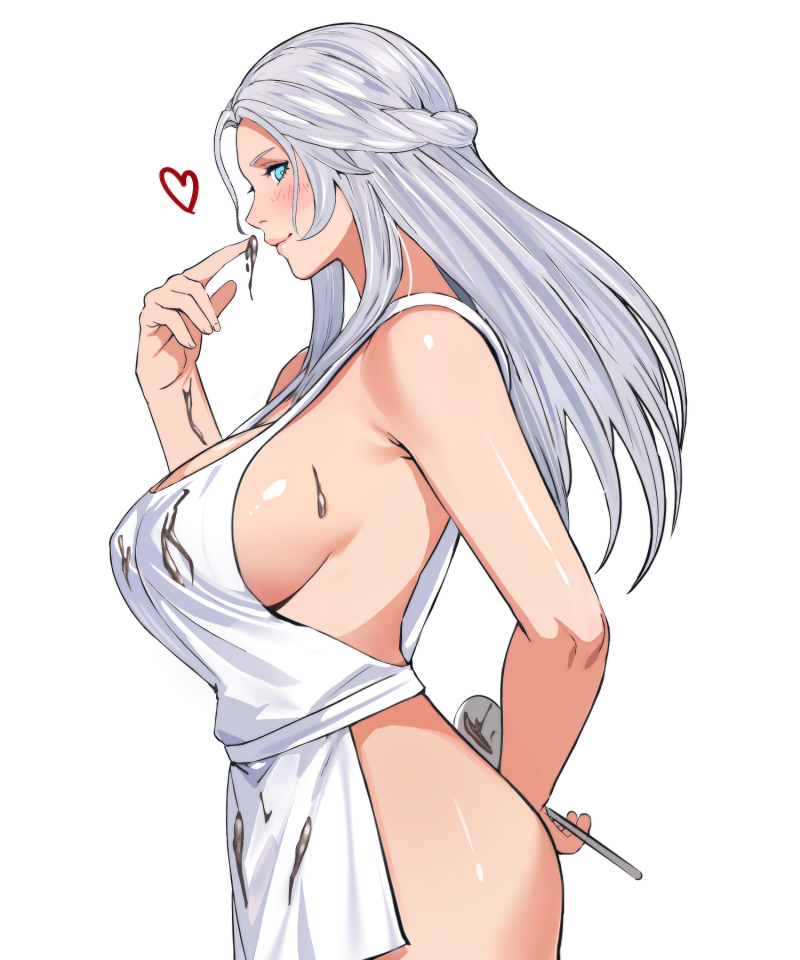 jamjamstyle, venat (ff14), final fantasy, final fantasy xiv, revision, 1girl, apron, arm behind back, bare shoulders, blue eyes, braid, breasts, chocolate, chocolate on body, cleavage, covered erect nipples, cowboy shot, food on body, forehead, from side, grey hair, heart, holding, holding spoon, large breasts, long hair, looking at viewer, naked apron, nose, profile, sideboob, sideways glance, simple background, solo, spoken heart, spoon, white background