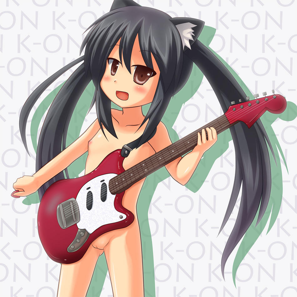 nakano azusa, k-on!, tagme, 00s, animal ears, black hair, blush, brown eyes, cat ears, flat chest, guitar, instrument, loli, mustang (guitar), nude