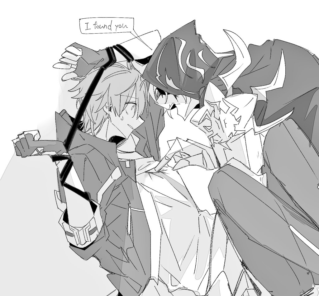 hki 8b, caelus (honkai: star rail), flame reaver of the deepest dark, phainon (honkai: star rail), trailblazer (honkai: star rail), honkai: star rail, honkai (series), 2boys, armor, arms up, bodysuit, bound, broken skin, cape, coat, english text, feet out of frame, fingerless gloves, gauntlets, gloves, greyscale, hair between eyes, hood, hooded cape, hooded coat, lapels, long sleeves, looking at another, male focus, monochrome, multiple boys, open clothes, open coat, open mouth, pants, shirt, short hair, shoulder armor, simple background, sitting, smile, speech bubble, sweatdrop, t-shirt, teeth, tied up (nonsexual), two-sided coat, two-sided fabric, wide-eyed, yandere, yaoi