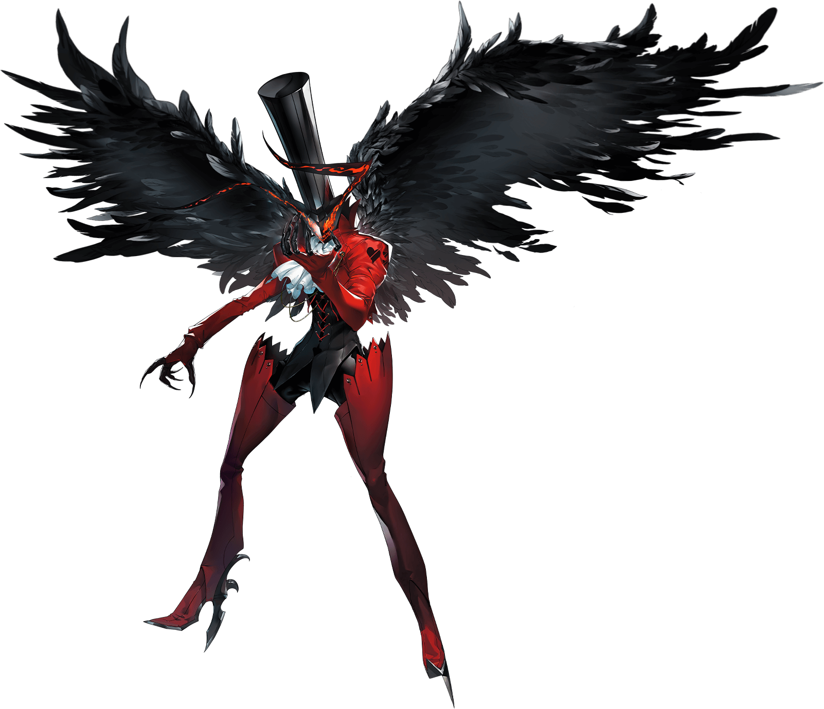 arsene (persona 5), persona, persona 5, persona 5: the phantom x, artist request, highres, official art, third-party source, 1boy, ascot, black feathers, black wings, boots, feathered wings, feathers, full body, gloves, hat, persona (summon), red boots, red gloves, simple background, solo, top hat, transparent background, wings