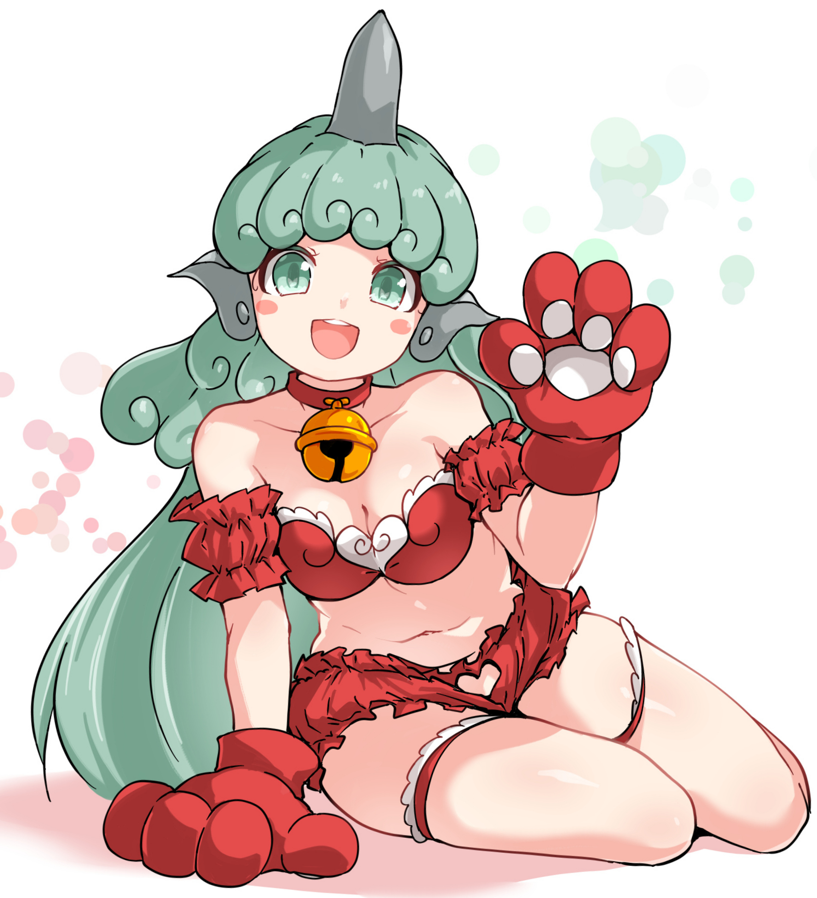 huyusilver, komano aunn, touhou, commentary, highres, 1girl, alternate costume, animal collar, animal hands, bell, bloomers, blush stickers, bra, breasts, cleavage, clothing cutout, collar, collarbone, curly hair, frilled thigh strap, gloves, green eyes, green hair, heart cutout, horns, jingle bell, komainu ears, komainu girl, long hair, looking at viewer, midriff, navel, neck bell, open mouth, paw gloves, red bloomers, red bra, red collar, single horn, sitting, sleeve garter, smile, solo, teeth, thigh strap, underwear, upper teeth only, very long hair