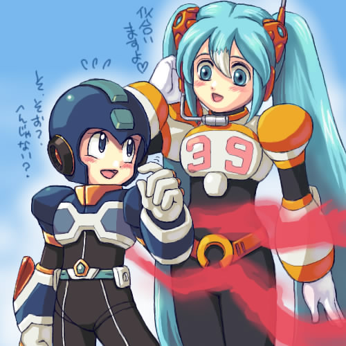 hatsune miku, mega man (character), nana (mega man x: command mission), new armor x (mega man), x (mega man), capcom, mega man (classic), mega man (series), mega man x: command mission, mega man x (series), niconico, niconico rpg, vocaloid, lowres, 1boy, 1girl, 39, aqua eyes, aqua hair, blue eyes, bodysuit, cosplay, crossover, facial mark, green eyes, green hair, headset, helmet, long hair, nana (mega man x: command mission) (cosplay), number pun, twintails, x (mega man) (cosplay)