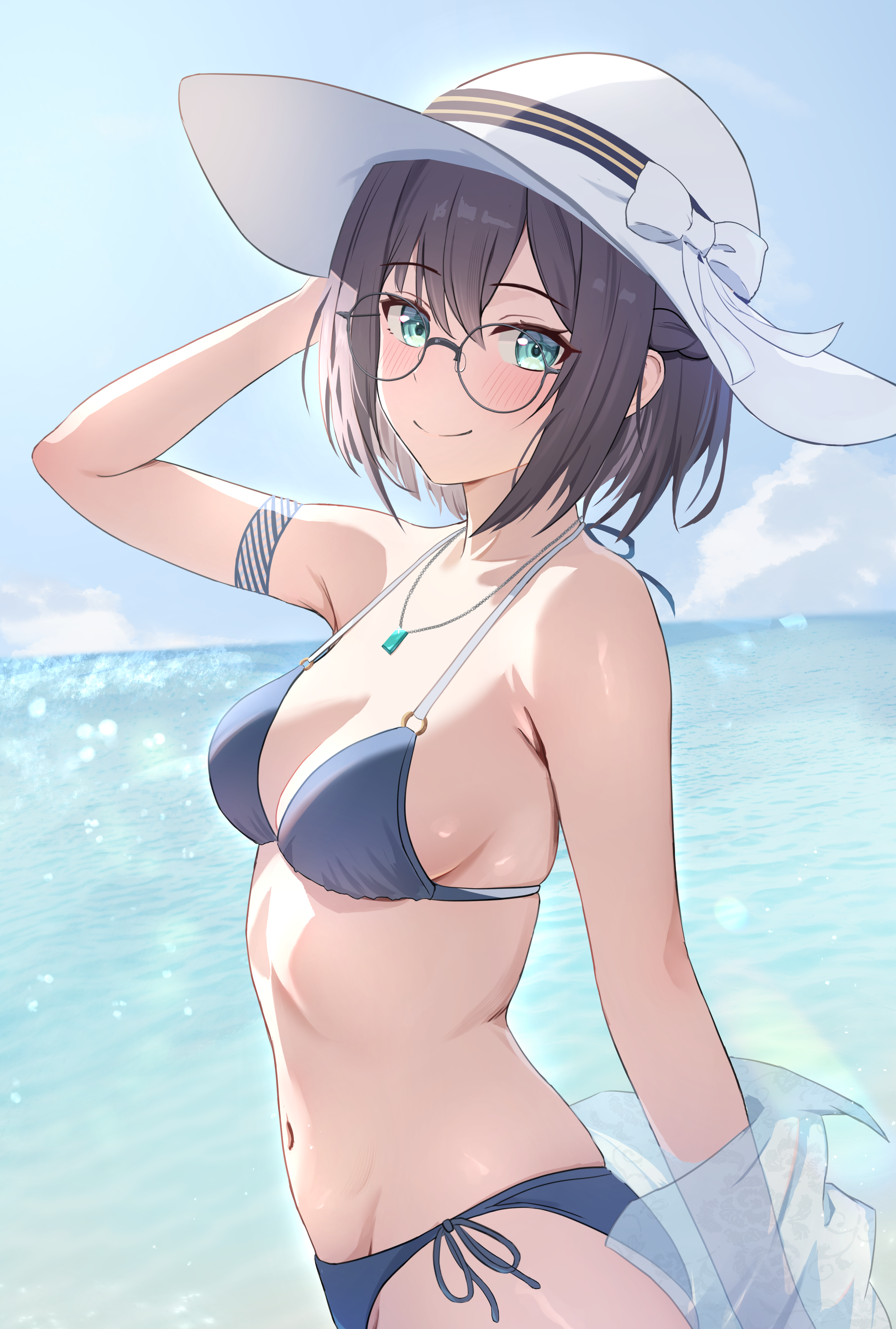 loulis 0115, eirin calendula quinn, the 4 sigils – the malice of winter, absurdres, commission, commissioner upload, highres, non-web source, skeb commission, 1girl, beach, bikini, black hair, blue bikini, blue sky, blush, braid, breasts, cleavage, closed mouth, cloud, glasses, hat, hat ribbon, jewelry, looking at viewer, medium breasts, navel, necklace, ribbon, short hair, side-tie bikini bottom, sideboob, sidelocks, sky, solo, stomach, swimsuit, white hat