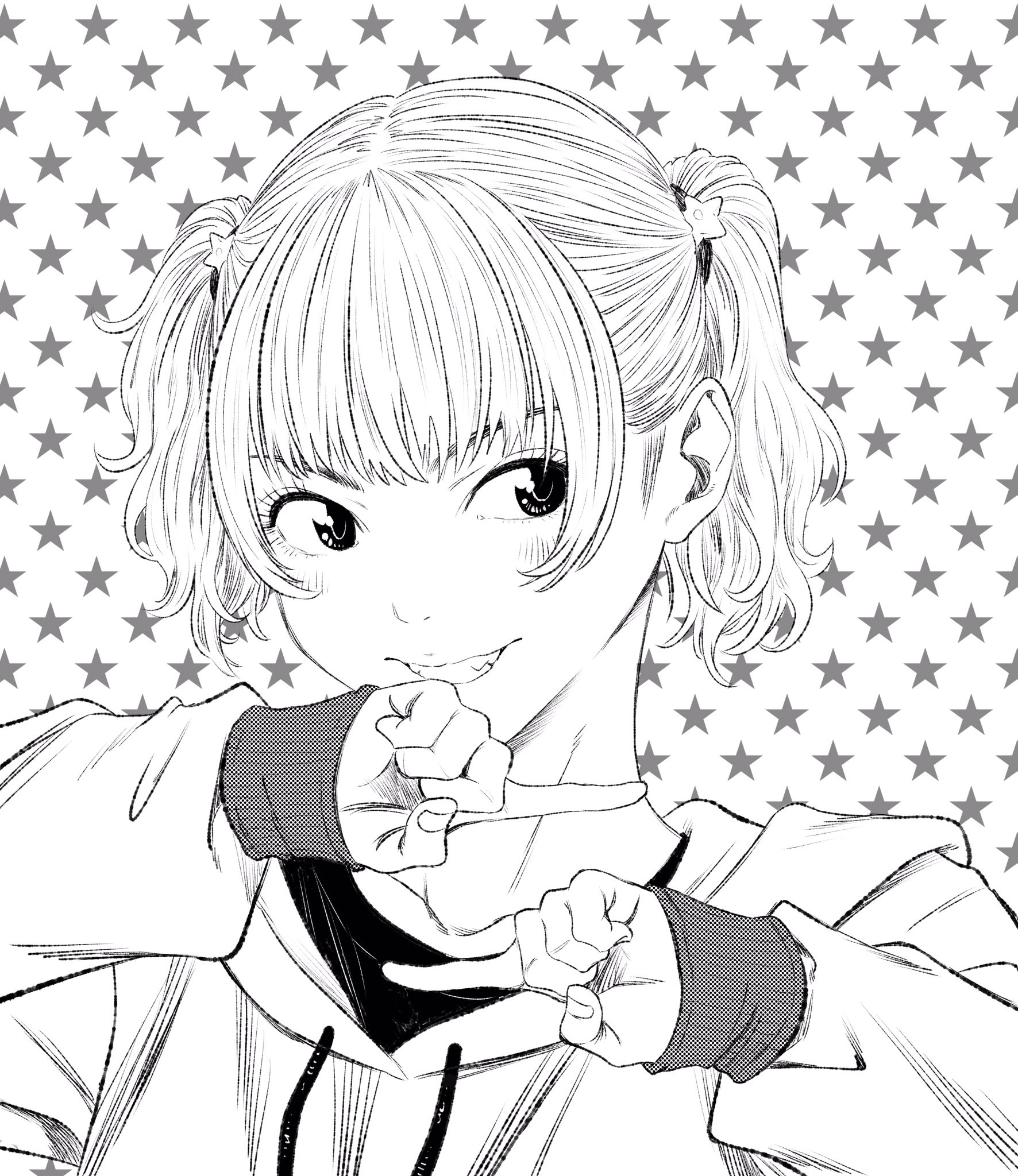 lee (dragon garou), original, commentary request, highres, 1girl, eyebrows hidden by hair, greyscale, grin, hair ornament, hood, hoodie, monochrome, pointing, portrait, sleeves past wrists, smile, solo, star (symbol), star hair ornament, twintails, wavy hair