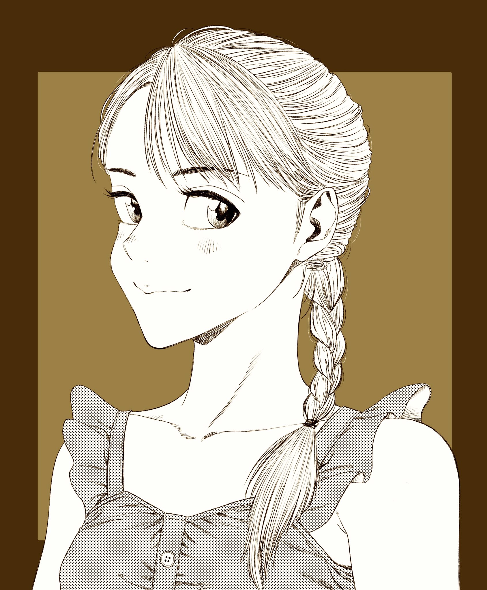 lee (dragon garou), original, commentary request, highres, 1girl, braid, braided ponytail, breasts, brown background, frilled shirt, frills, greyscale with colored background, hair over shoulder, hair tie, light blush, looking at viewer, portrait, profile, shirt, single braid, sleeveless, sleeveless shirt, small breasts, smile, solo