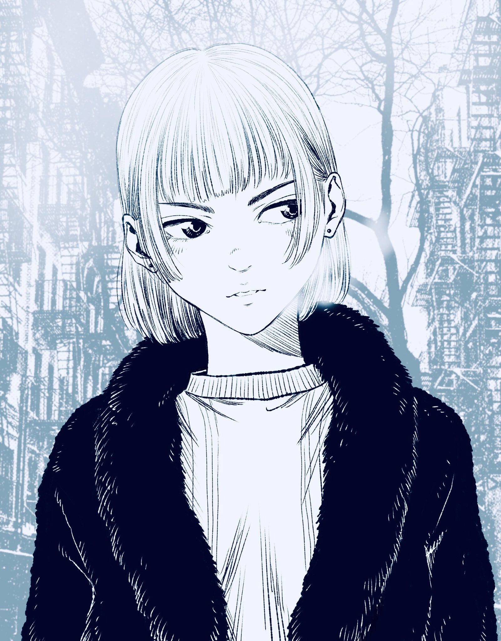 lee (dragon garou), original, commentary request, highres, 1girl, breath, building, coat, earrings, fur coat, greyscale, hatching (texture), jewelry, monochrome, parted lips, short hair, sideways glance, solo, stud earrings, sweater, tree, upper body