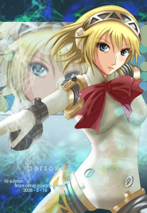 aigis (persona), atlus, persona, persona 3, lowres, 1girl, alternate hair length, android, blonde hair, blue eyes, female focus, solo, zoom layer