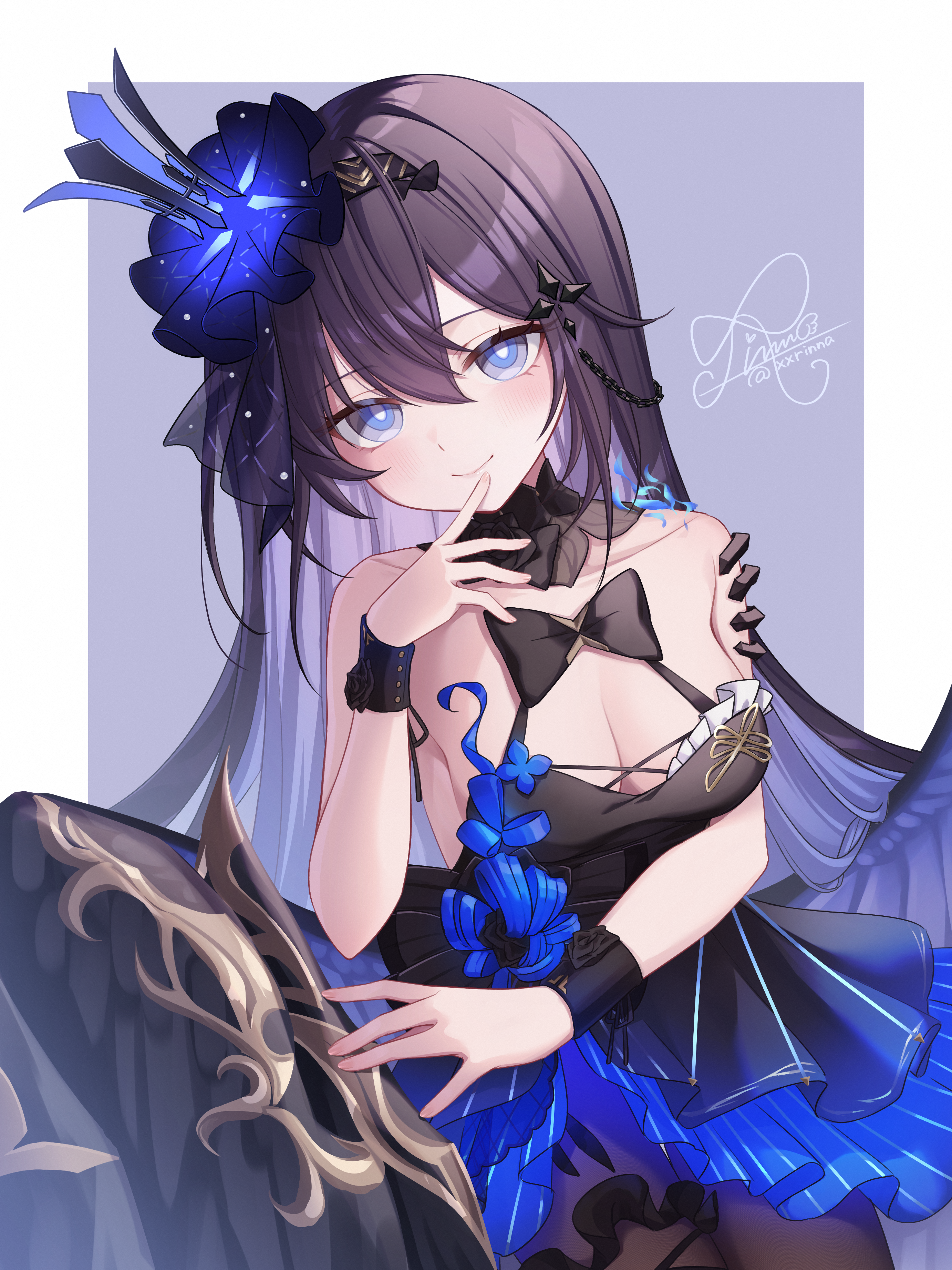 rinna (xxrinna), seele vollerei, seele vollerei (eternal night's embrace), seele vollerei (herrscher of rebirth), honkai (series), honkai impact 3rd, absurdres, highres, 1girl, bare shoulders, black dress, black pantyhose, blue eyes, border, breasts, cleavage, closed mouth, colored inner hair, dress, hair between eyes, hair ornament, light blush, looking at viewer, medium breasts, multicolored hair, official alternate costume, pantyhose, purple background, purple hair, smile, solo, white border
