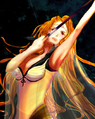 kalkkan, rosa farrell, final fantasy, final fantasy iv, lowres, 1990s (style), 1girl, armpits, arrow (projectile), blonde hair, bow (weapon), breasts, female focus, leotard, long hair, red eyes, solo, tiara, weapon