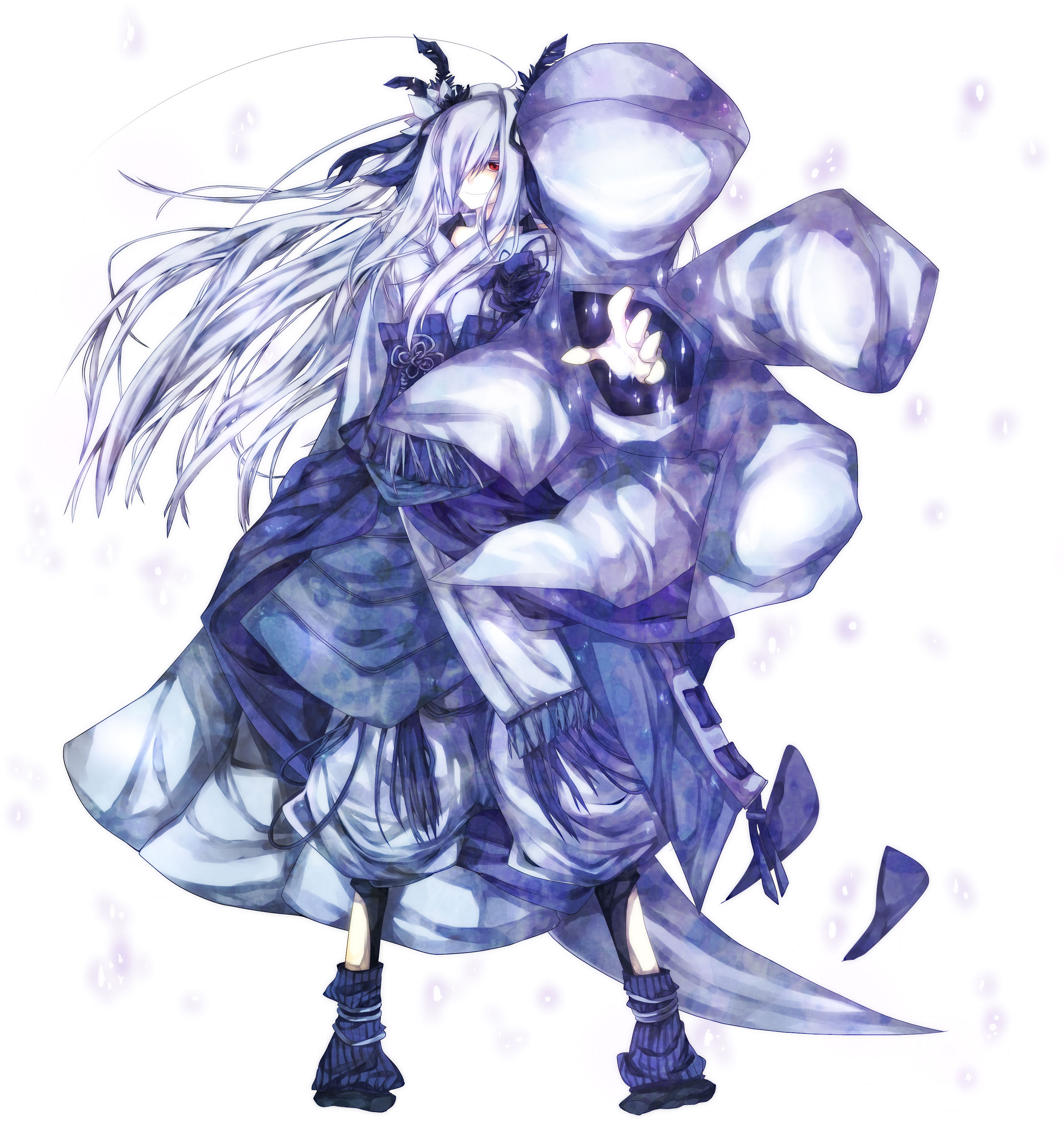 asanagi 00, lugia, nintendo, pokemon, costume, silver hair, absurdres, highres, 1girl, feathers, female focus, foreshortening, gen 2 pokemon, hair ornament, hair over one eye, legendary pokemon, long hair, outstretched arm, outstretched hand, personification, reaching, red eyes, solo, very long hair