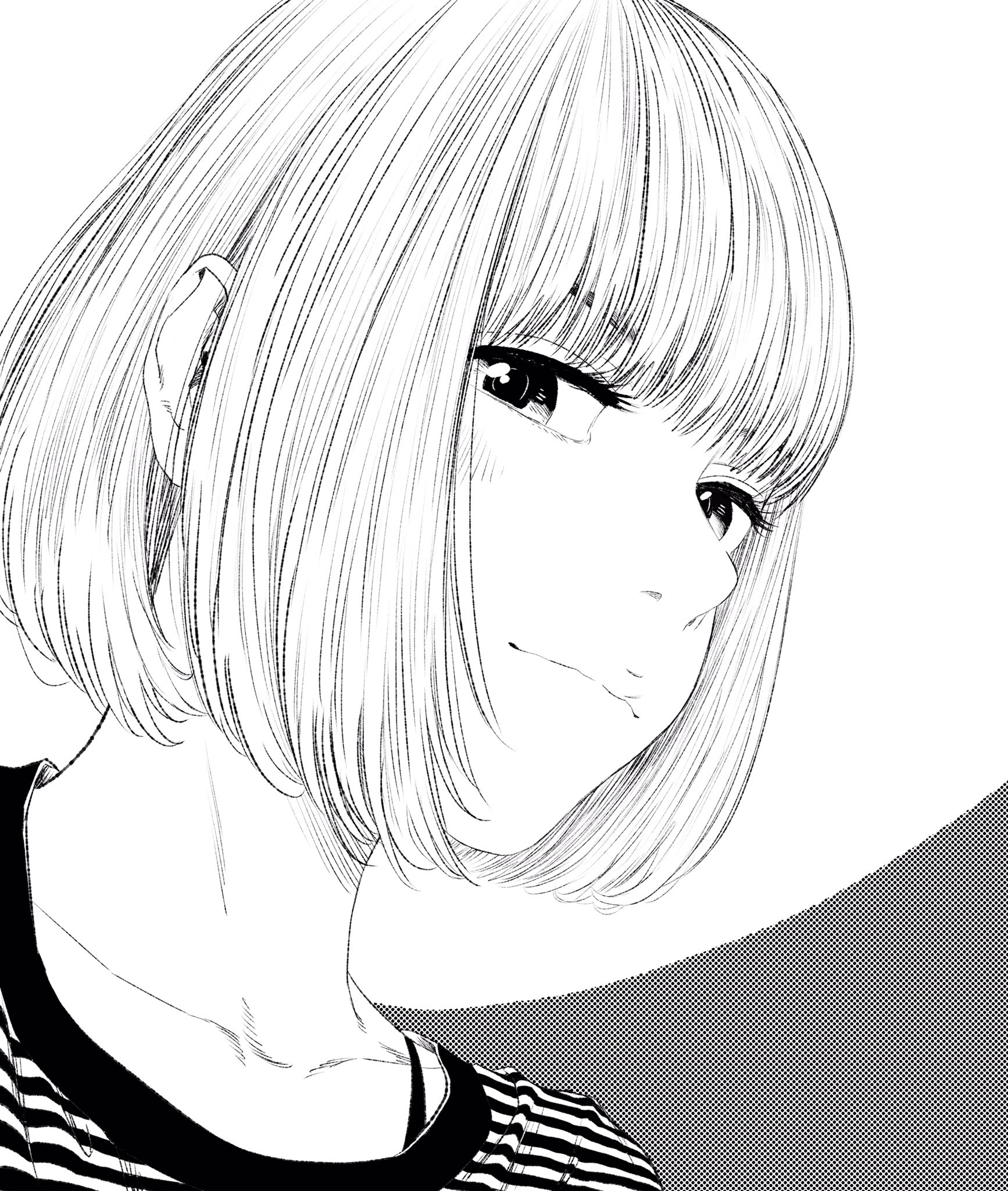 lee (dragon garou), original, commentary request, highres, 1girl, bob cut, bra strap, eyebrows hidden by hair, eyelashes, greyscale, light smile, looking at viewer, monochrome, portrait, profile, shirt, short hair, solo, striped clothes, striped shirt