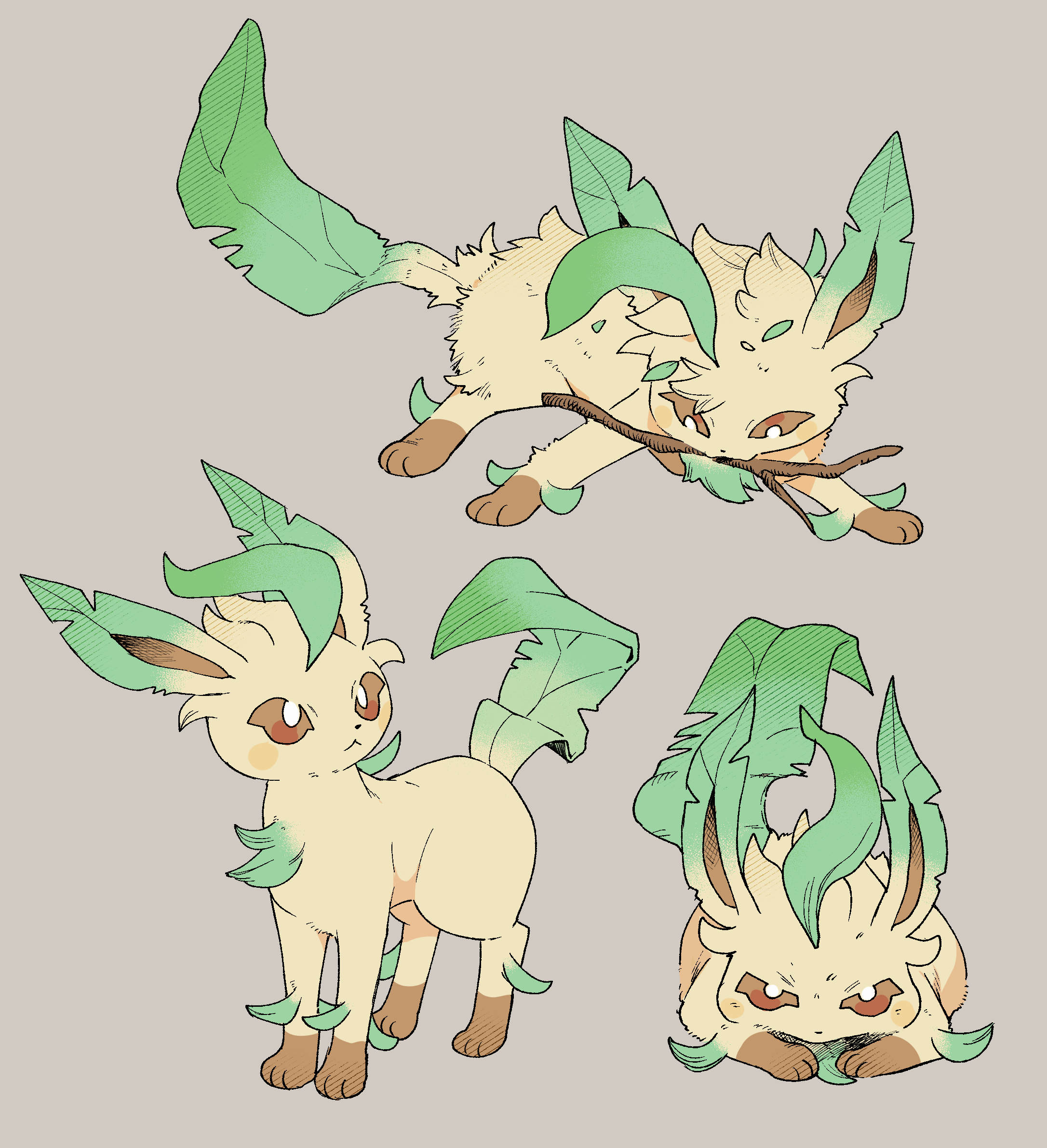 newo (shinra-p), leafeon, nintendo, pokemon, highres, :<, animal focus, bright pupils, brown eyes, brown fur, closed mouth, full body, gen 4 pokemon, green fur, grey background, leaf, looking at viewer, lying, multiple views, no humans, on stomach, pokemon (creature), pokemon focus, simple background, solo, standing, stick, white pupils, yellow fur