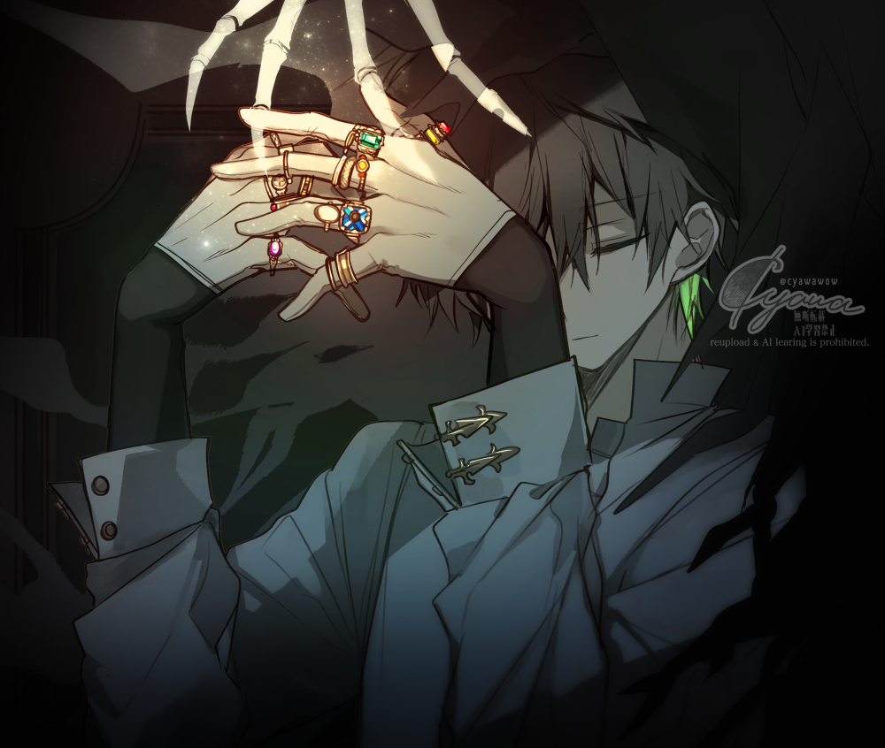 cyawa, original, 1boy, black hair, closed eyes, closed mouth, facing viewer, hair between eyes, jewelry, layered sleeves, long sleeves, male focus, puffy long sleeves, puffy sleeves, ring, shirt, signature, skeletal hand, sleeves past wrists, solo, upper body, watermark, white shirt
