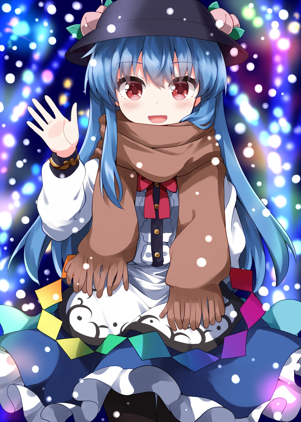 ruu (tksymkw), hinanawi tenshi, touhou, commentary, highres, symbol-only commentary, 1girl, apron, black hat, blue hair, blue skirt, blush, bow, bowtie, brown scarf, center frills, frilled skirt, frills, fruit hat ornament, hat, hat ornament, leaf, leaf hat ornament, long hair, long sleeves, looking at viewer, open mouth, peach hat ornament, rainbow order, red bow, red bowtie, red eyes, scarf, shirt, skirt, smile, solo, very long hair, waist apron, waving, white apron, white shirt