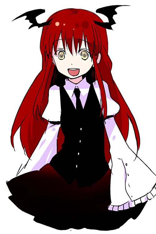 kintaro, koakuma, embodiment of scarlet devil, touhou, no legs, 1girl, :d, female focus, head wings, long hair, necktie, open mouth, red hair, smile, solo, wide sleeves, wings, yellow eyes