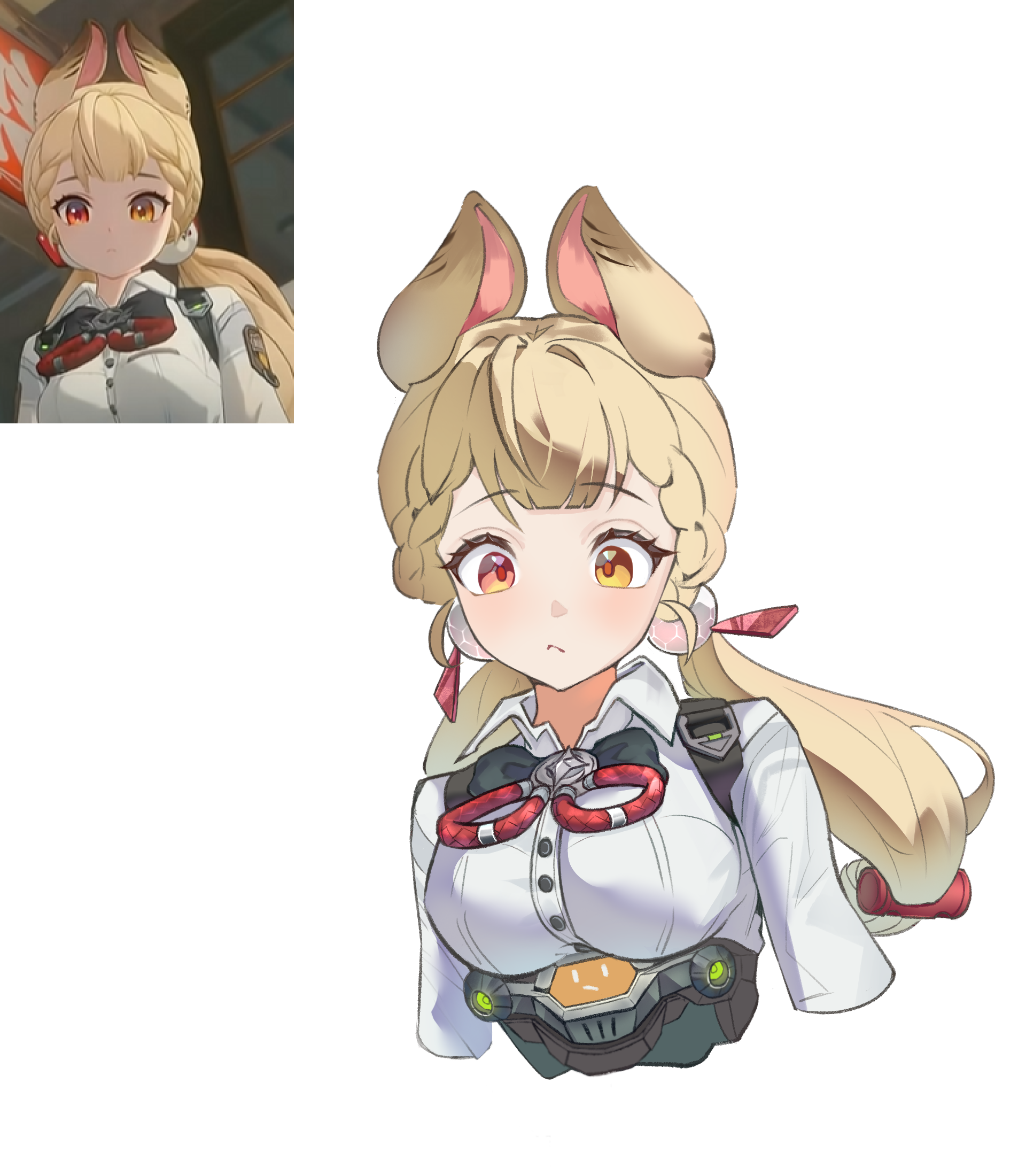 kario, alice thymefield, zenless zone zero, chinese commentary, commentary request, highres, photo-referenced, 1girl, animal ears, blonde hair, breasts, buttons, cropped torso, game screenshot inset, hair ornament, heterochromia, large breasts, long hair, looking at viewer, low twintails, rabbit ears, rabbit girl, red eyes, screenshot inset, shirt, simple background, sphere hair ornament, twintails, white background, white shirt, yellow eyes