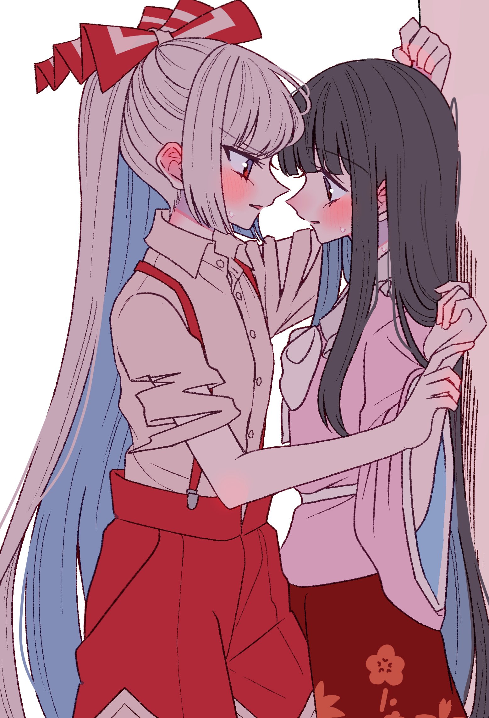 tamiko (tamik0224), fujiwara no mokou, houraisan kaguya, touhou, commentary request, highres, 2girls, blush, bow, bowtie, brown hair, collared shirt, eye contact, grey hair, grey shirt, hair bow, holding another's wrist, kabedon, long hair, long sleeves, looking at another, multiple girls, ofuda, ofuda on clothes, open mouth, pants, pink shirt, red eyes, red pants, red skirt, shirt, skirt, suspenders, torn clothes, torn sleeves, very long hair, white bow, white bowtie, wide sleeves, yuri