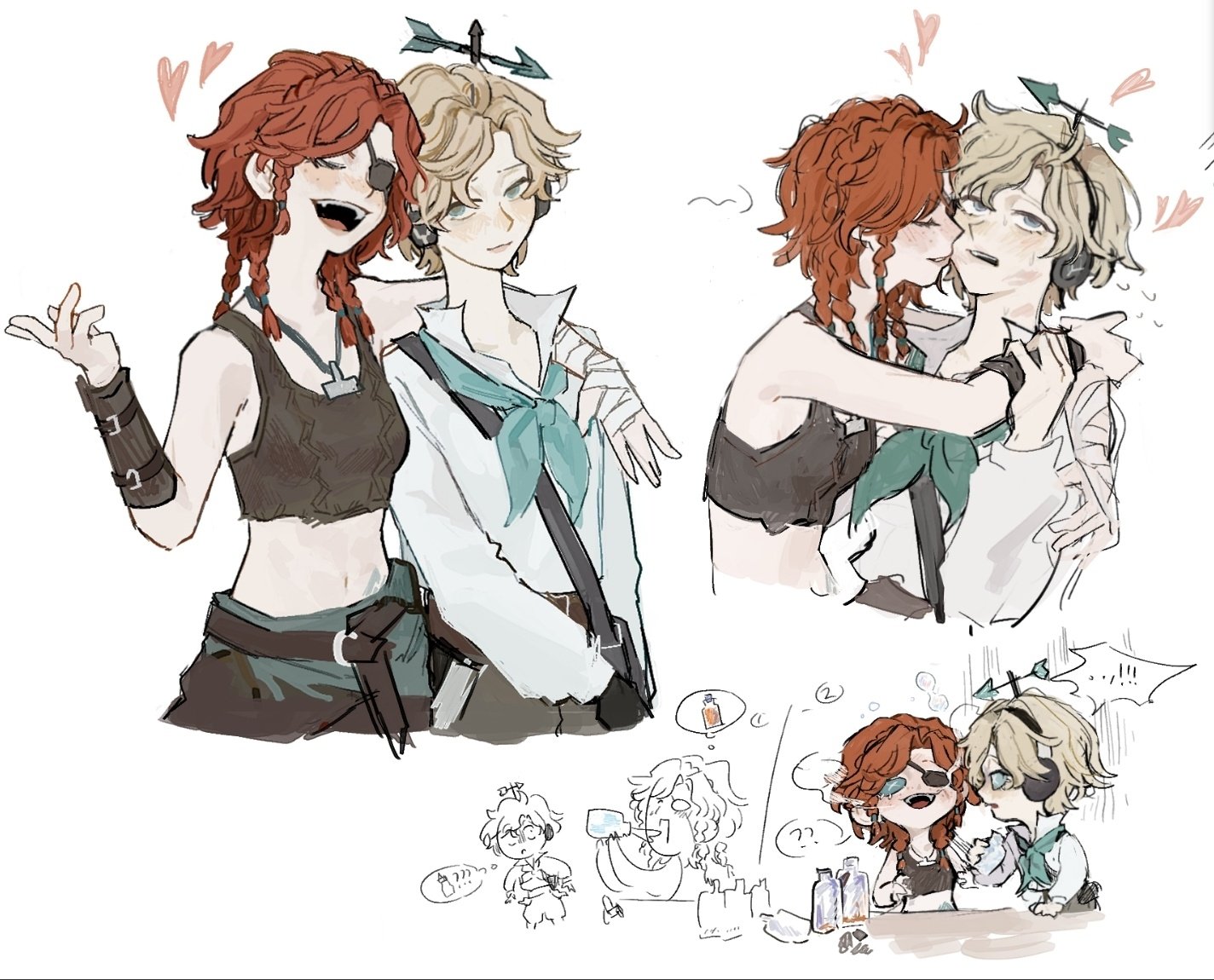 brynhildr vilulf, wendy foote, identity v, commentary request, korean commentary, 2girls, after kiss, aksjskkk, androgynous, arm around shoulder, arms around neck, bag, bandaged hand, bandages, belt, blonde hair, blue bow, blue bowtie, blue eyes, blush, bow, bowtie, braid, brown shirt, brown shorts, chibi, chibi inset, closed eyes, collarbone, crop top, crossbody bag, drunk, eyepatch, freckles, gloves, hair between eyes, hand up, headphones, heart, jewelry, lipstick mark, lipstick mark on face, long hair, midriff, multiple braids, multiple girls, navel, necklace, open mouth, orange hair, puffy sleeves, shirt, short hair, shorts, single bracer, smile, teeth, tomboy, upper body, upper teeth only, wavy hair, weather vane, white shirt, yuri