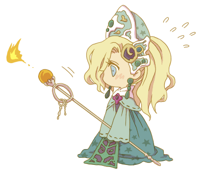 nightingale (artist), leonora, final fantasy, final fantasy iv, final fantasy iv: the after years, lowres, 1990s (style), 1girl, blonde hair, blue eyes, blush, earrings, female focus, fire, full body, hat, jewelry, long hair, retro artstyle, robe, simple background, solo, staff, white background