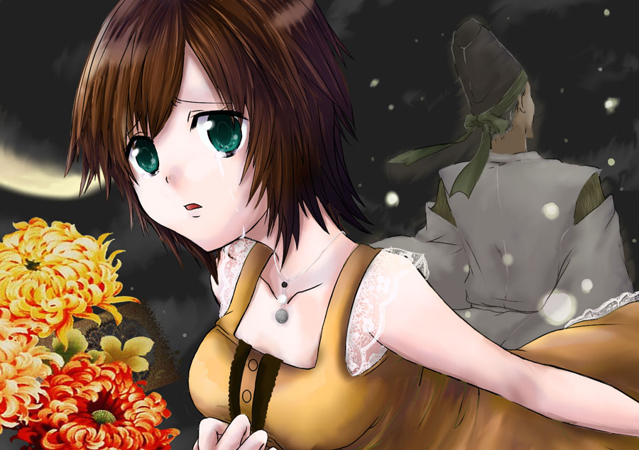 hoshina (diamond), kirishima choushiro, minazuki ruka, yomotsuki souya, fatal frame, fatal frame: mask of the lunar eclipse, bad id, bad pixiv id, 1boy, 1girl, aqua eyes, breasts, brown hair, dress, father and daughter, flower, hat, headband, jewelry, lace, large breasts, moon, necklace, night, short hair, tears