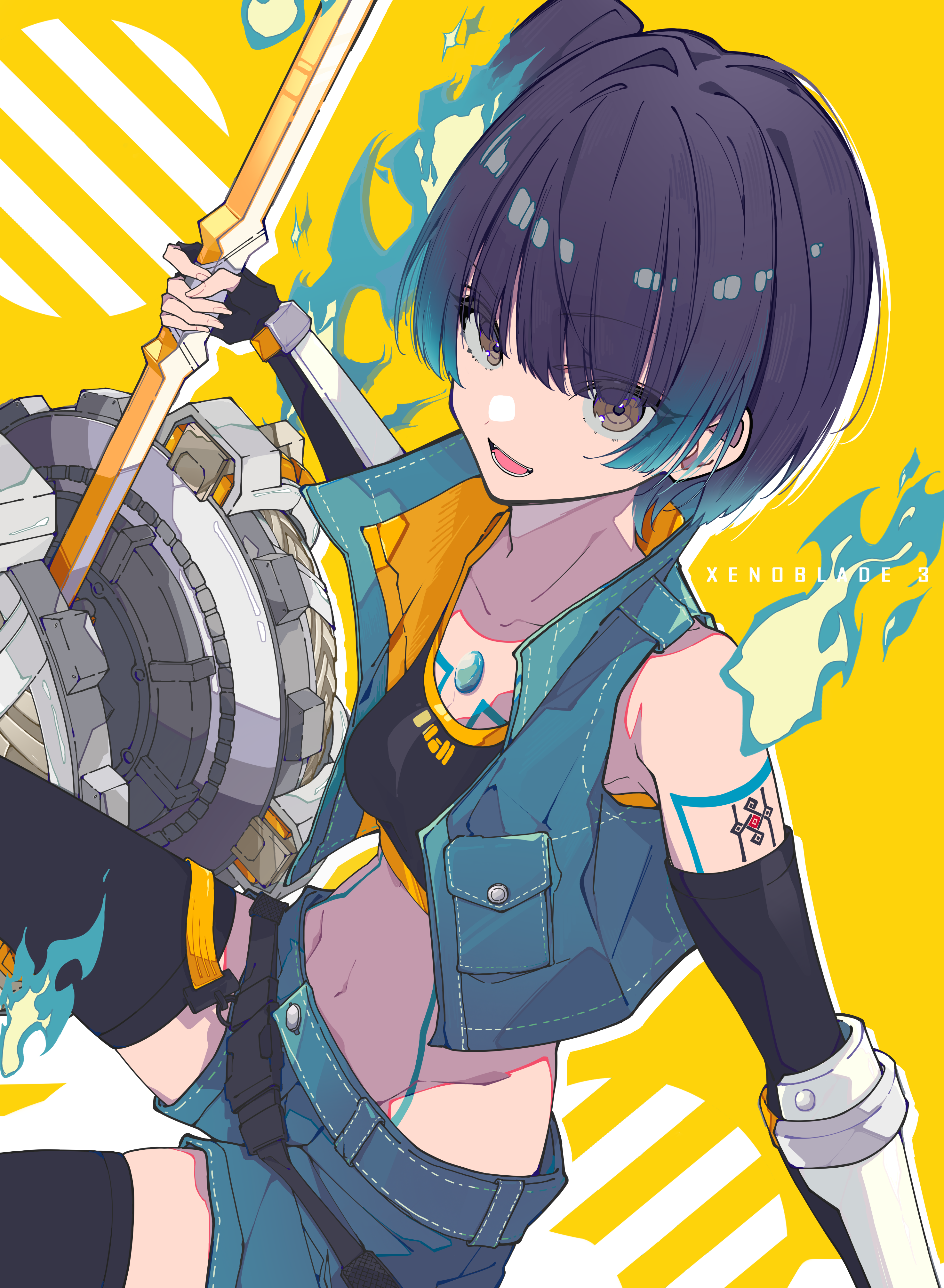 gugugu official, sena (xenoblade), xenoblade chronicles (series), xenoblade chronicles 3, absurdres, highres, revision, 1girl, bare shoulders, black gloves, black sports bra, blue fire, blue hair, body markings, breasts, brown eyes, chest jewel, collared vest, crop top, cropped vest, denim, denim shorts, denim vest, elbow gloves, fiery hair, fire, gloves, hammer, holding, holding hammer, midriff, navel, open clothes, open vest, short shorts, shorts, shoulder strap, side ponytail, small breasts, smile, solo, sports bra, vest