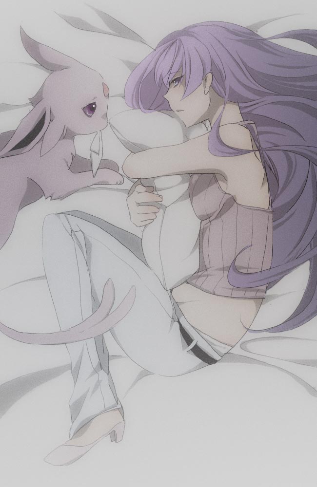 satou rika (rikaooo), espeon, sabrina (pokemon), nintendo, pokemon, pokemon rgby, bad id, bad pixiv id, 1990s (style), 1girl, bed, breast press, breasts, gen 2 pokemon, gym leader, halterneck, hug, hugging object, long hair, lying, medium breasts, midriff, pillow, pillow hug, pokemon (creature), purple eyes, purple hair, retro artstyle, sad