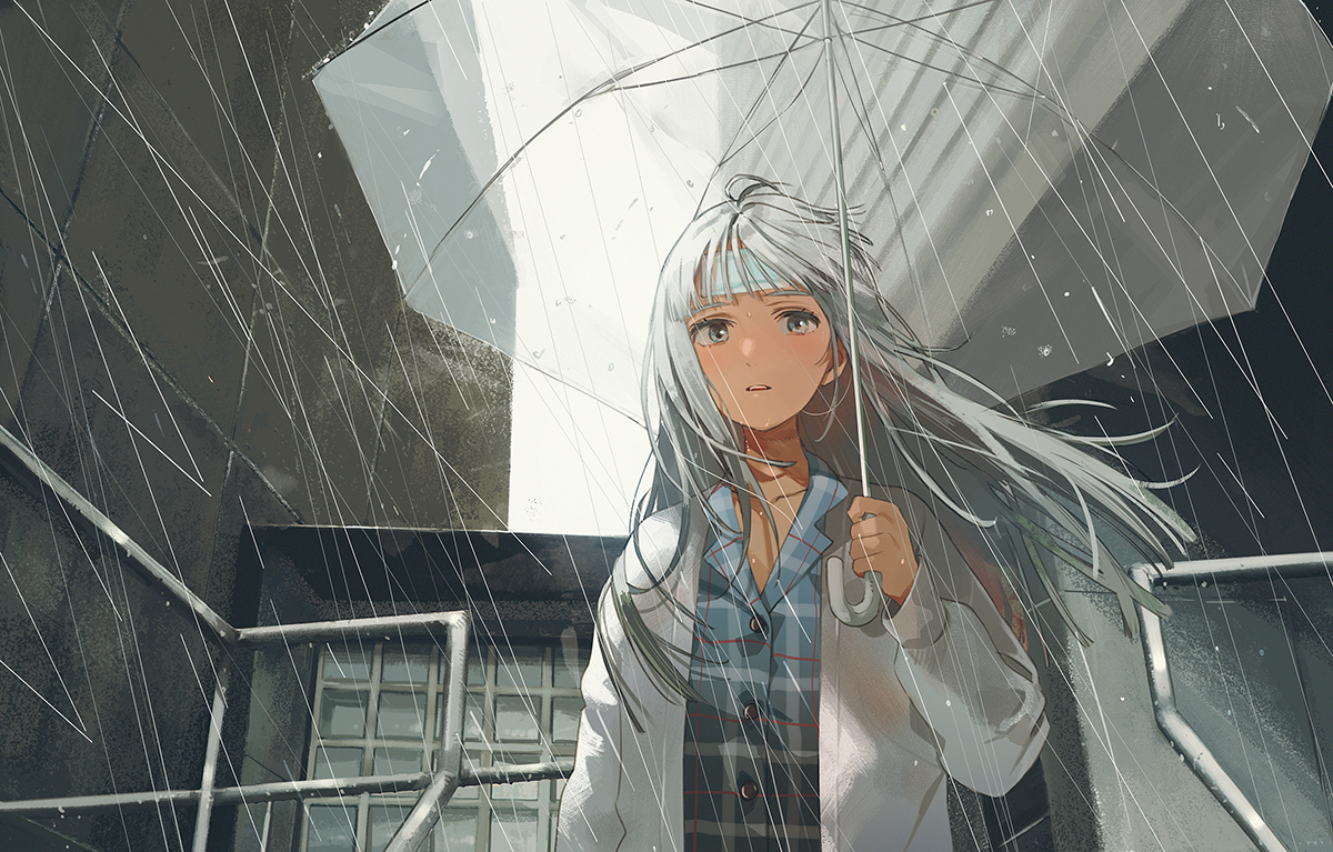 fly (marguerite), original, 1girl, grey eyes, grey shirt, jacket, long hair, outdoors, railing, rain, shirt, solo, standing, transparent, transparent umbrella, umbrella, white hair, wind
