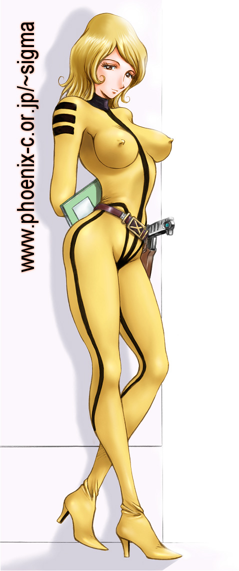 dusty heaven, mori yuki, uchuu senkan yamato, 1girl, blonde hair, bodysuit, breasts, brown eyes, covered erect nipples, gun, high heels, medium breasts, shoes, weapon