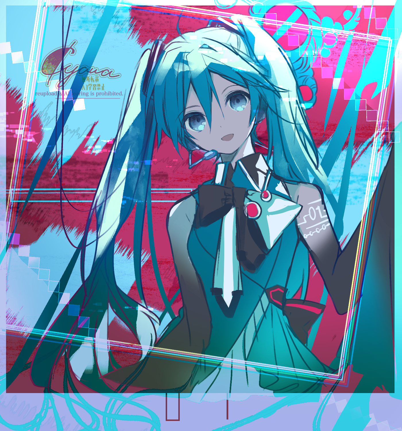 cyawa, hatsune miku, vocaloid, highres, 1girl, :d, black bow, blue dress, blue eyes, blue hair, bow, collared dress, dress, hair between eyes, headset, long hair, looking at viewer, open mouth, signature, smile, solo, twintails, upper body, very long hair, watermark