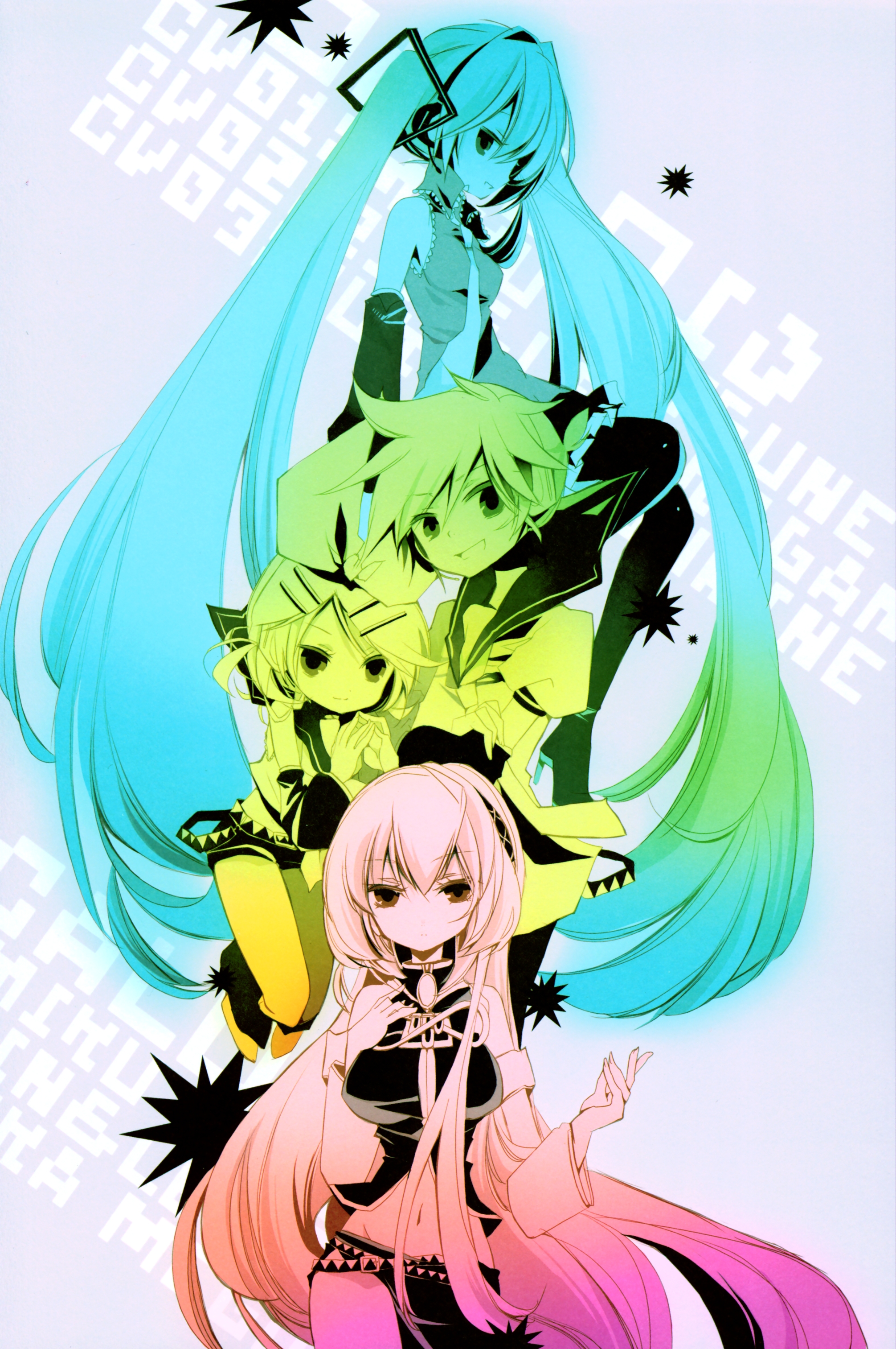 shimeko, hatsune miku, kagamine len, kagamine rin, megurine luka, vocaloid, absurdres, highres, 1boy, 3girls, long hair, multiple girls, neon lights, twintails, very long hair