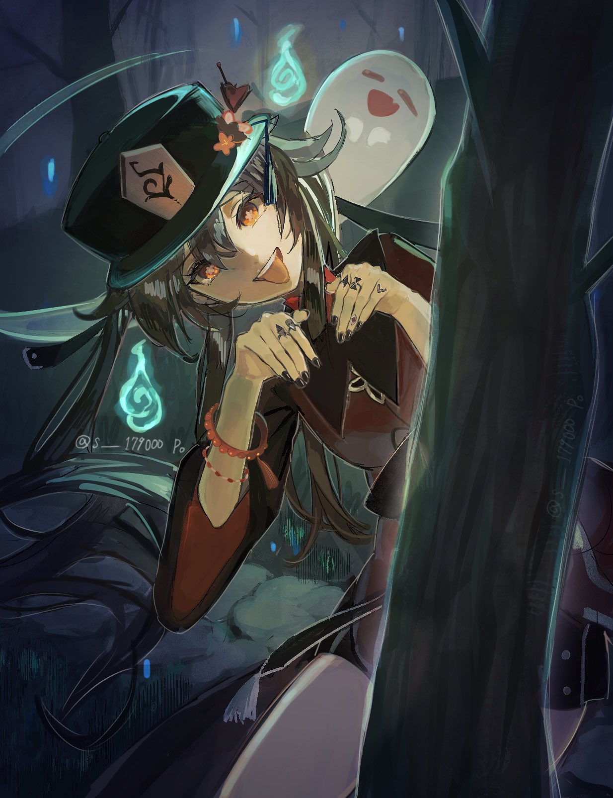 boo tao (genshin impact), hu tao (genshin impact), genshin impact, highres, 1girl, artist name, bead bracelet, beads, black hat, black jacket, black nails, black shorts, blue fire, bracelet, branch, brown hair, chinese clothes, collared jacket, cowboy shot, fingernails, fire, flower, flower-shaped pupils, forest, ghost, grass, hair between eyes, hands up, hat, hat flower, hat ornament, hat tassel, jacket, jewelry, long hair, long sleeves, looking at viewer, multicolored jacket, multiple rings, nail polish, nature, night, open mouth, orange pupils, outdoors, purple sky, red eyes, red flower, red jacket, red shirt, ring, s 179000, shirt, short shorts, shorts, sky, smile, solo, standing, symbol-shaped pupils, tassel, teeth, tongue, tongue out, tree, twintails, two-tone jacket, wavy hair, wide sleeves