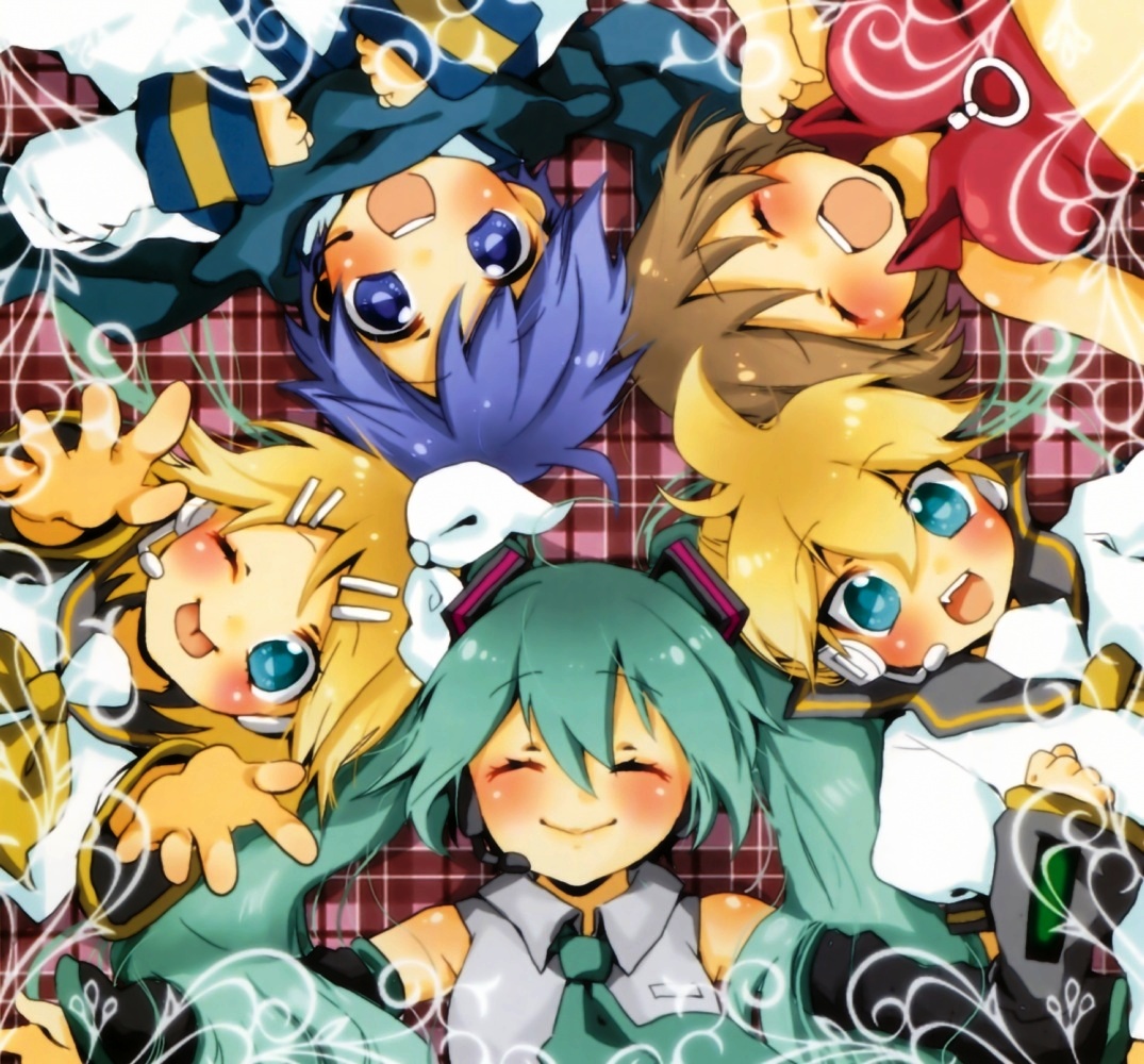 konako, hatsune miku, kagamine len, kagamine rin, kaito (vocaloid), meiko (vocaloid), vocaloid, 2boys, 3girls, :p, aqua hair, blonde hair, blue eyes, blue hair, brown hair, closed eyes, headphones, headset, long hair, multiple boys, multiple girls, one eye closed, short hair, tongue, tongue out, twintails, wink