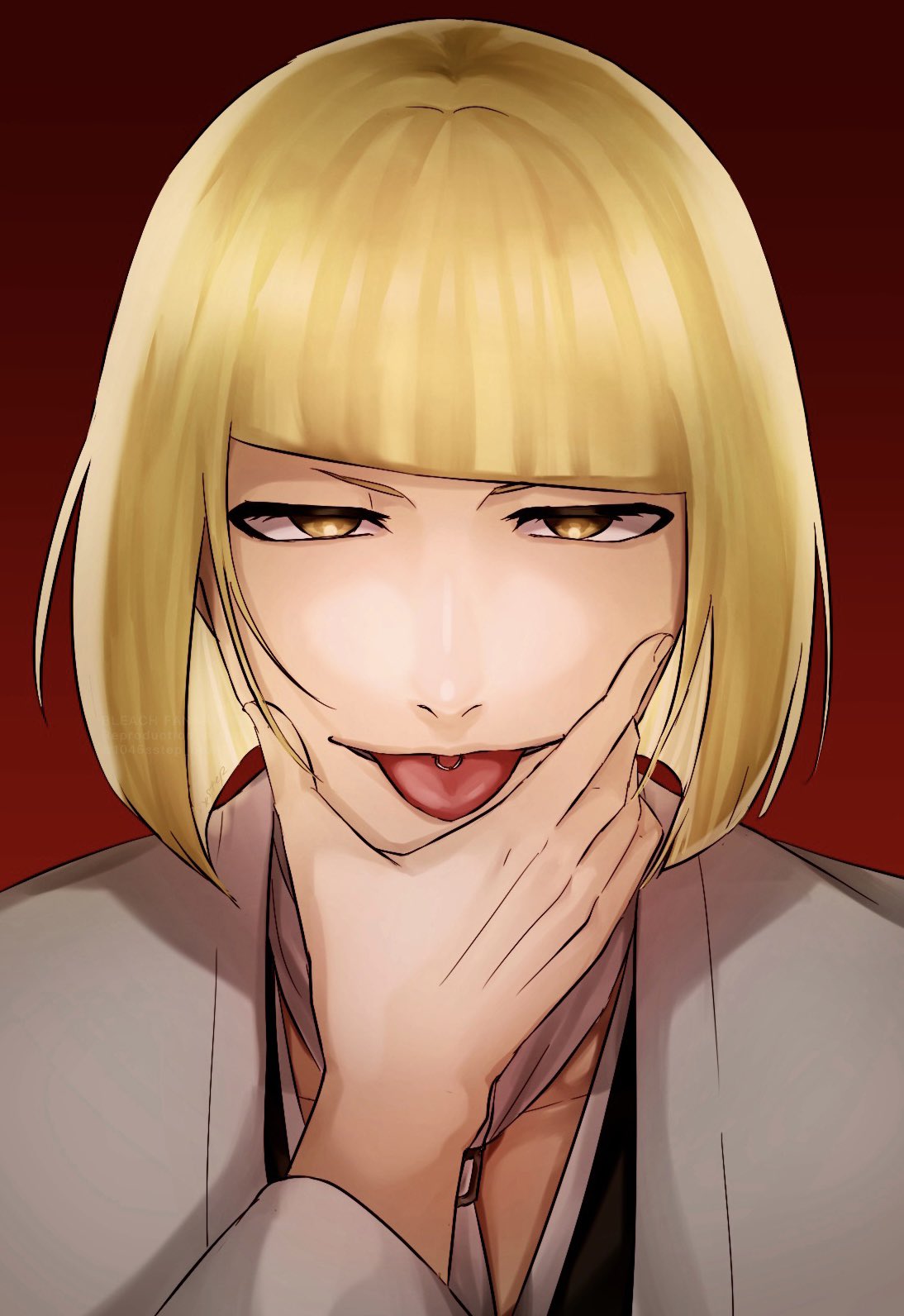 1046sstep btoh, hirako shinji, bleach, commentary request, highres, 1boy, :p, blonde hair, blunt bangs, bob cut, diagonal bangs, eyebrows hidden by hair, haori, japanese clothes, male focus, piercing, portrait, shihakusho, solo, taichou haori, tongue, tongue out, tongue piercing, yellow eyes