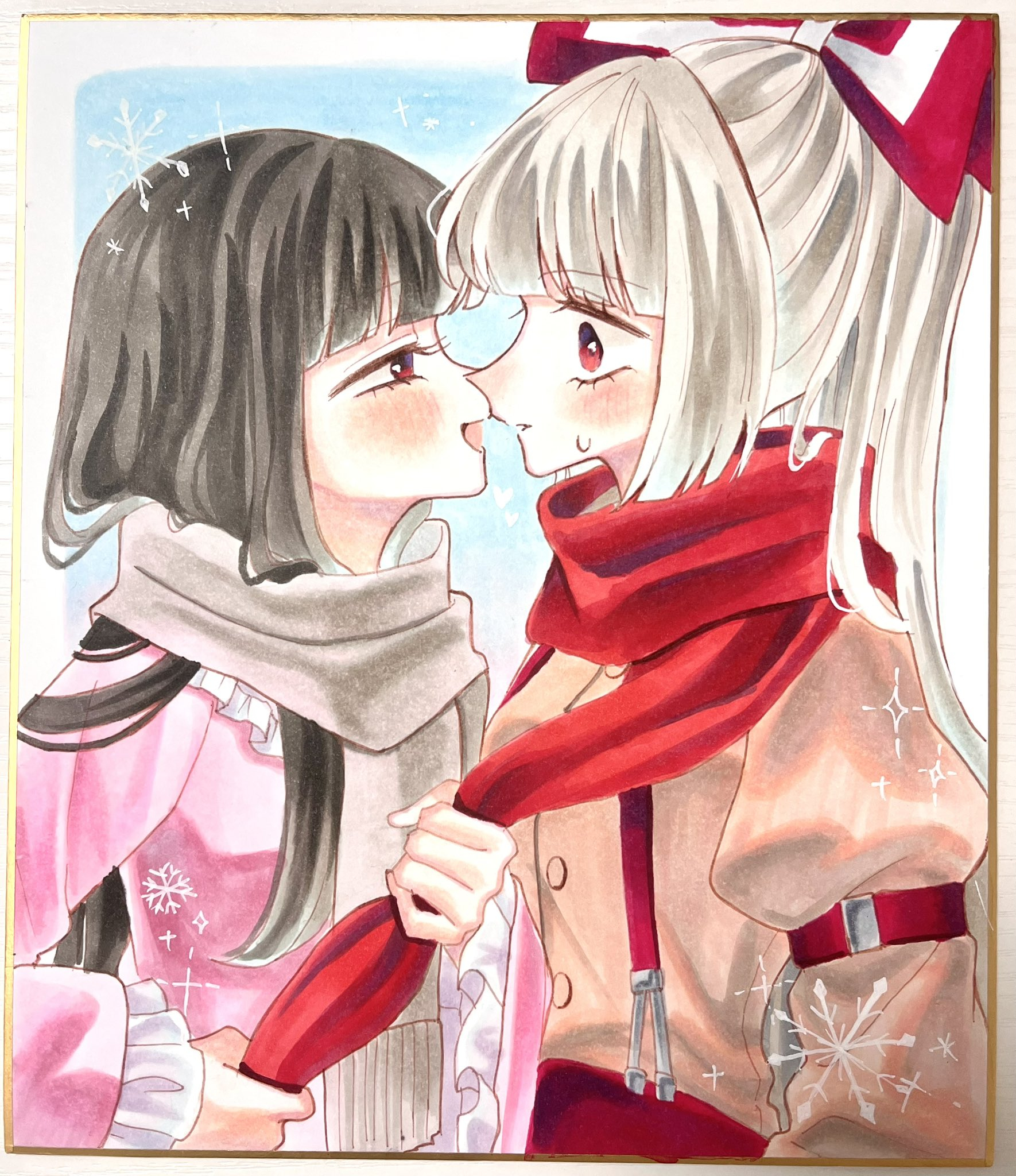 tamiko (tamik0224), fujiwara no mokou, houraisan kaguya, touhou, commentary request, highres, photo (medium), traditional media, 2girls, blush, bow, breasts, brown hair, brown shirt, clothes grab, eye contact, frilled sleeves, frills, grey hair, grey scarf, grey shirt, hair bow, imminent kiss, long hair, long sleeves, looking at another, multiple girls, neckwear grab, open mouth, pants, pink shirt, red eyes, red pants, red scarf, scarf, scarf grab, shikishi, shirt, smile, snowflakes, suspenders, sweatdrop, very long hair, yuri