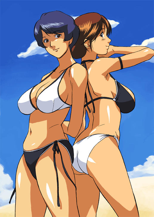cirima, volvox, shindou mitsuko, touya akiko, hikaru no go, 2girls, arms behind back, ass, back-to-back, beach, bikini, blue eyes, blue hair, breasts, brown eyes, brown hair, cleavage, cloud, curvy, huge breasts, large breasts, looking back, mature female, multiple girls, navel, outdoors, short hair, side-tie bikini bottom, sideboob, sky, smile, swimsuit