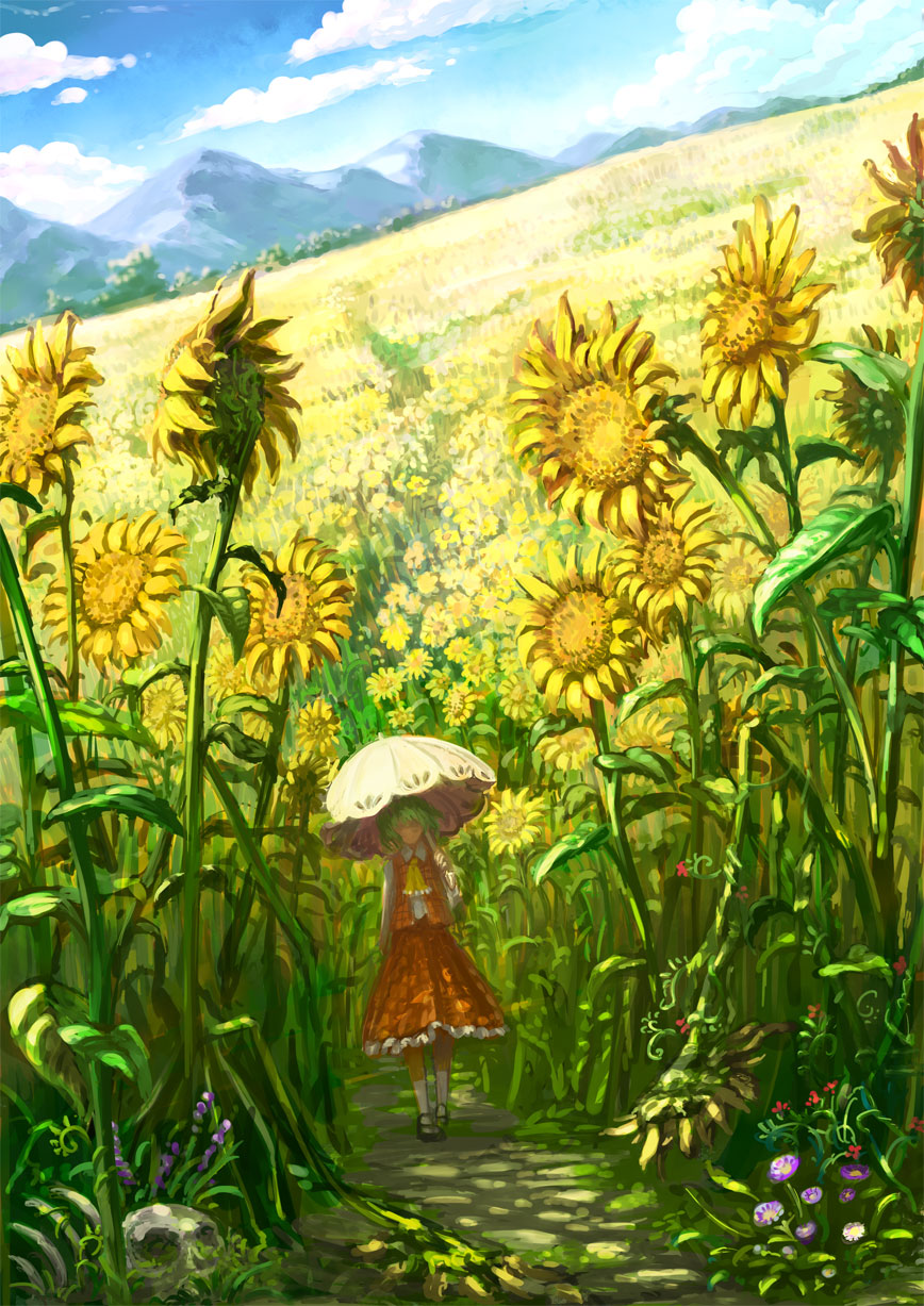 huu00, kazami yuuka, touhou, highres, 1girl, ascot, bone, cloud, day, dutch angle, faceless, female focus, field, flower, flower field, green hair, mountain, nature, parasol, path, plaid clothes, plaid skirt, plaid vest, road, scenery, shade, short hair, skirt, skirt set, skull, solo, sunflower, sunflower field, sunlight, too many, umbrella, vest, walking, when you see it